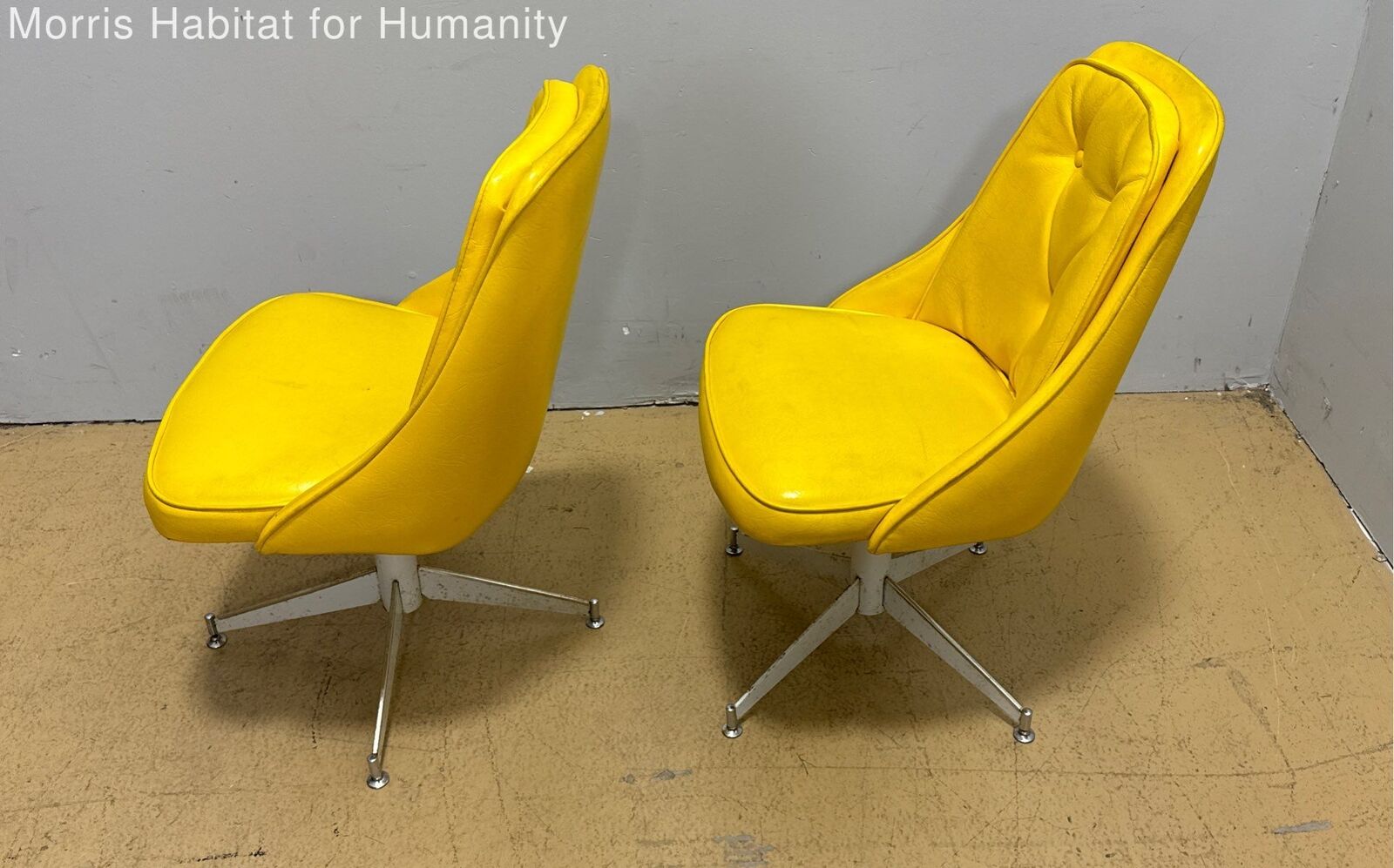 Two MCM Progressive Furniture Yellow Tufted Swiveling Accent Chairs - White Base - Very Good