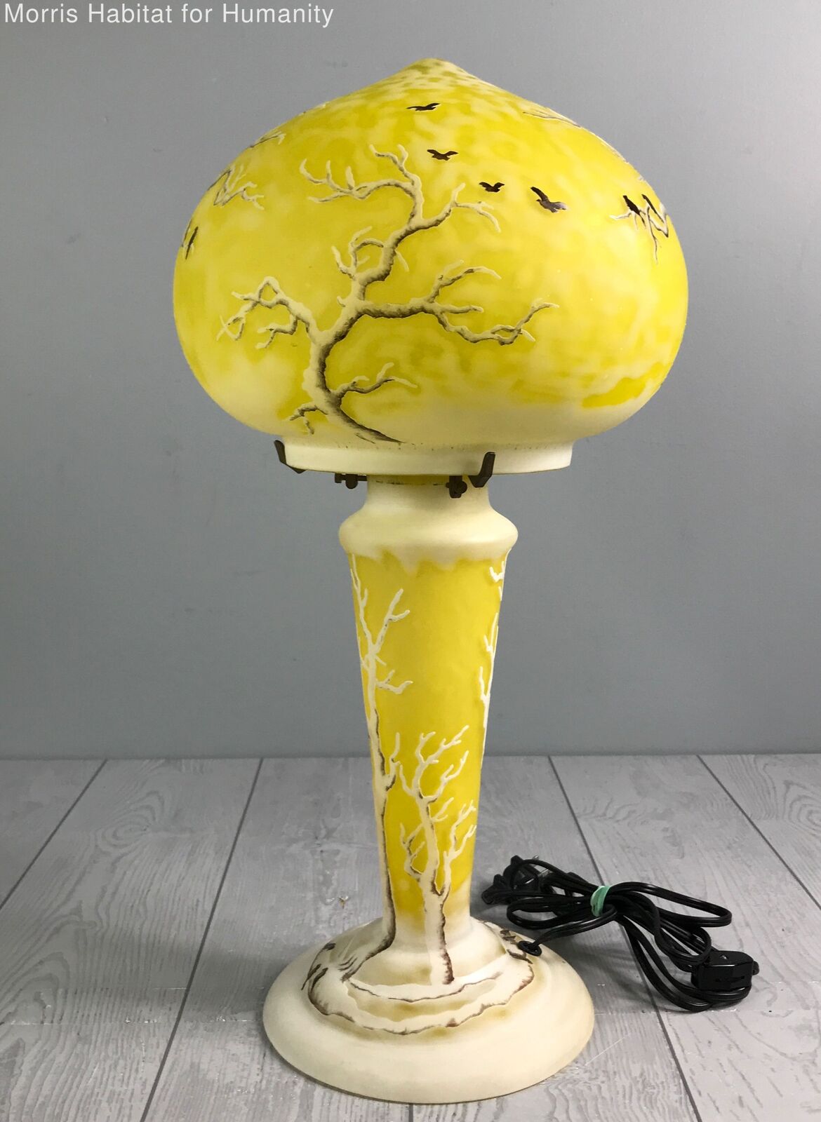 Beautiful Gallé Style Lamp And Base - Depicting Trees And Birds - Yellow Lamp - Very Good