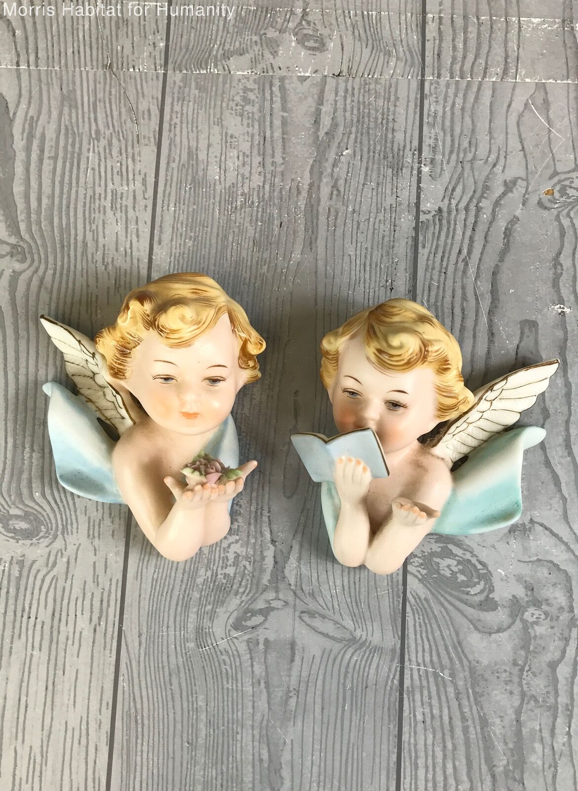 Pair of Vintage Porcelain Norcrest Japan Cherub Angels Wall Plaques - Figurines - Very Good