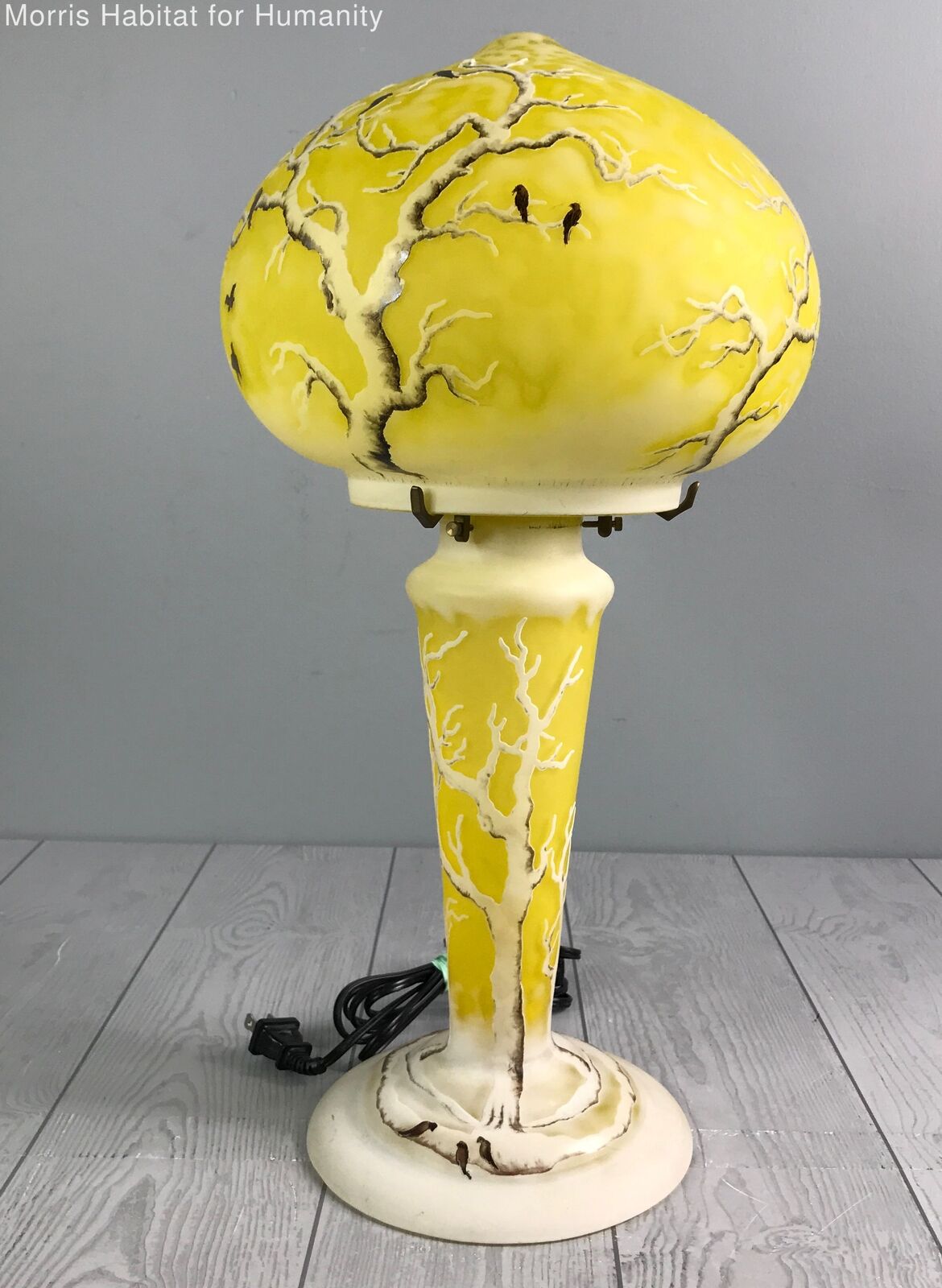 Beautiful Gallé Style Lamp And Base - Depicting Trees And Birds - Yellow Lamp - Very Good