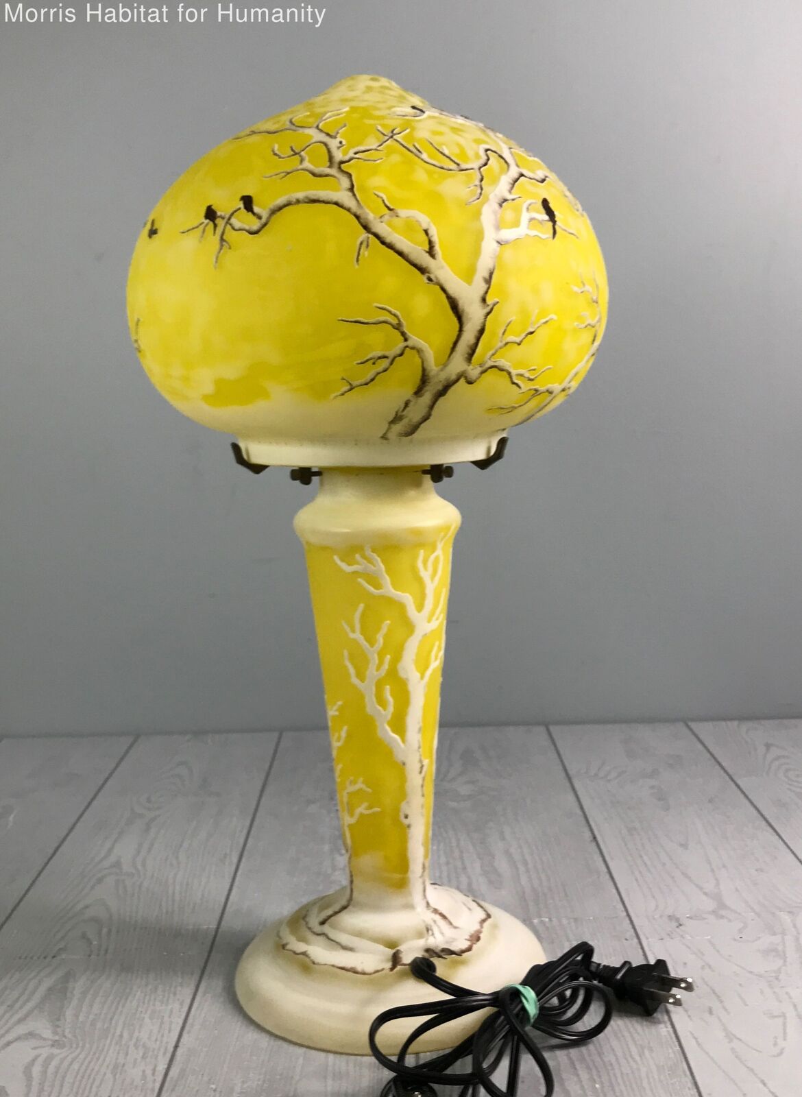 Beautiful Gallé Style Lamp And Base - Depicting Trees And Birds - Yellow Lamp - Very Good