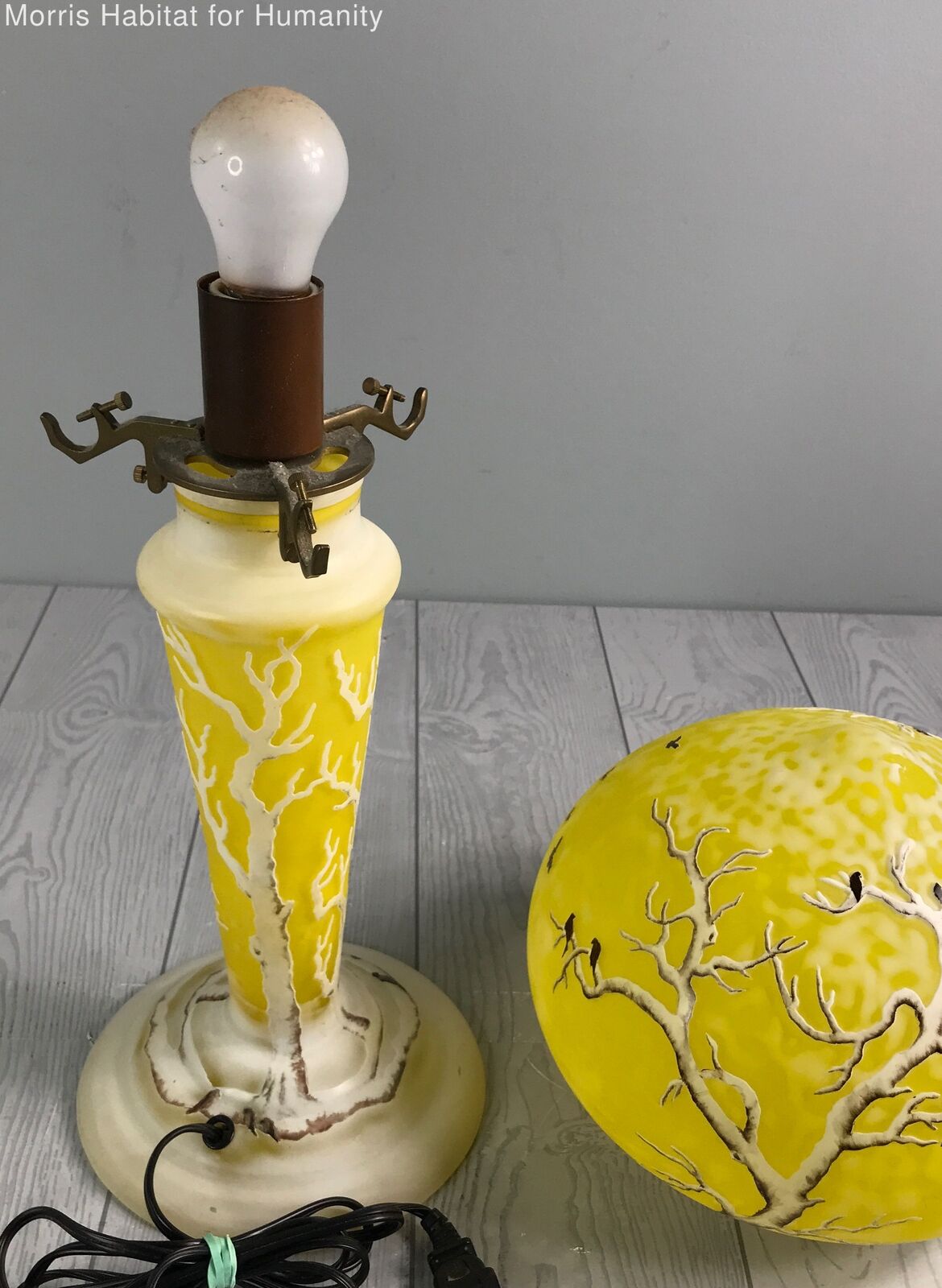 Beautiful Gallé Style Lamp And Base - Depicting Trees And Birds - Yellow Lamp - Very Good