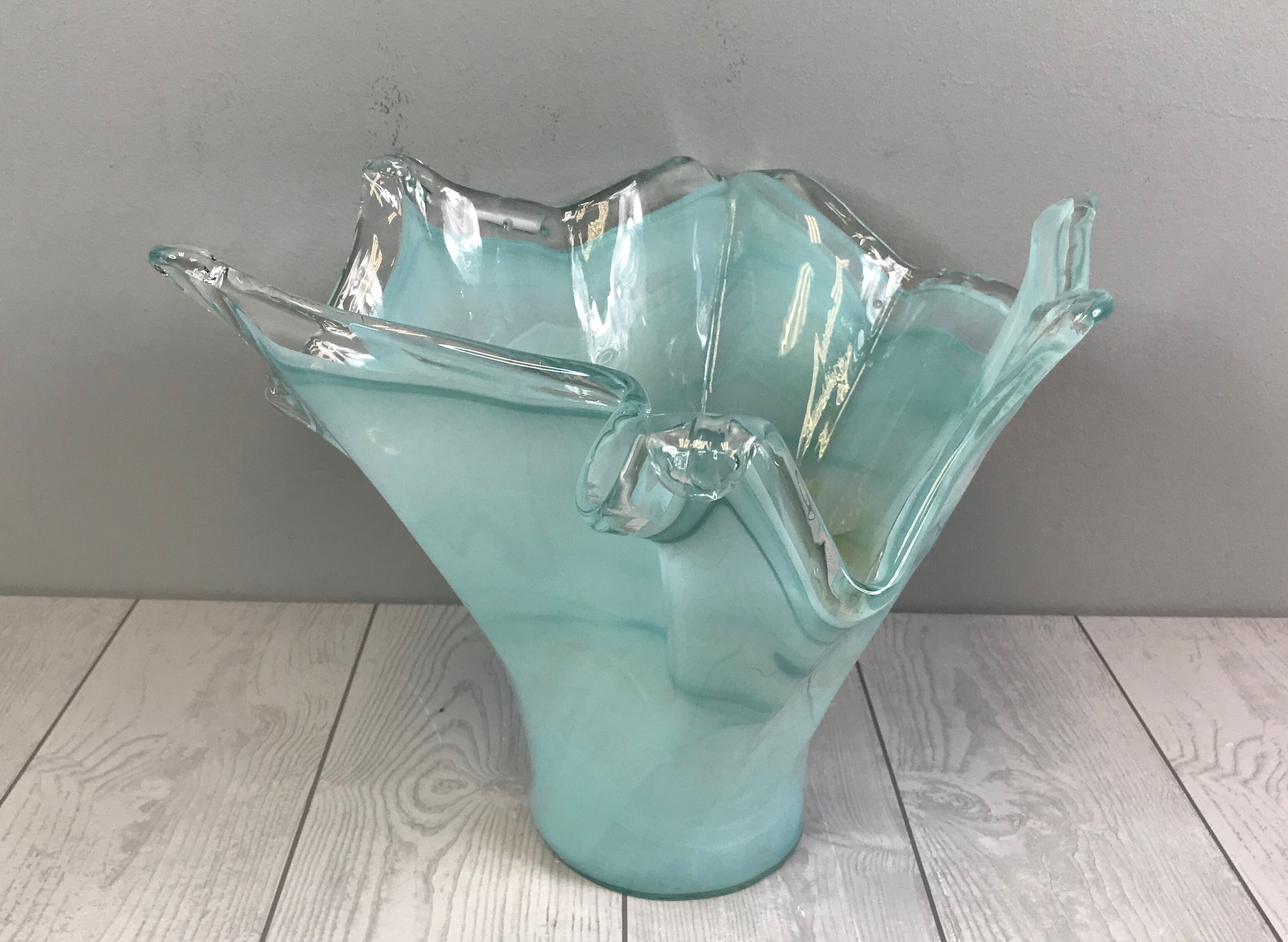 Aquatic Themed, Irregular Turquoise Glass Flower Vase- Free Standing 11"