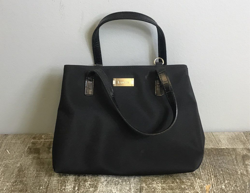 "Lauren" Ralph Lauren Black Nylon Handbag w Embossed Leather Straps 9x3x6.5