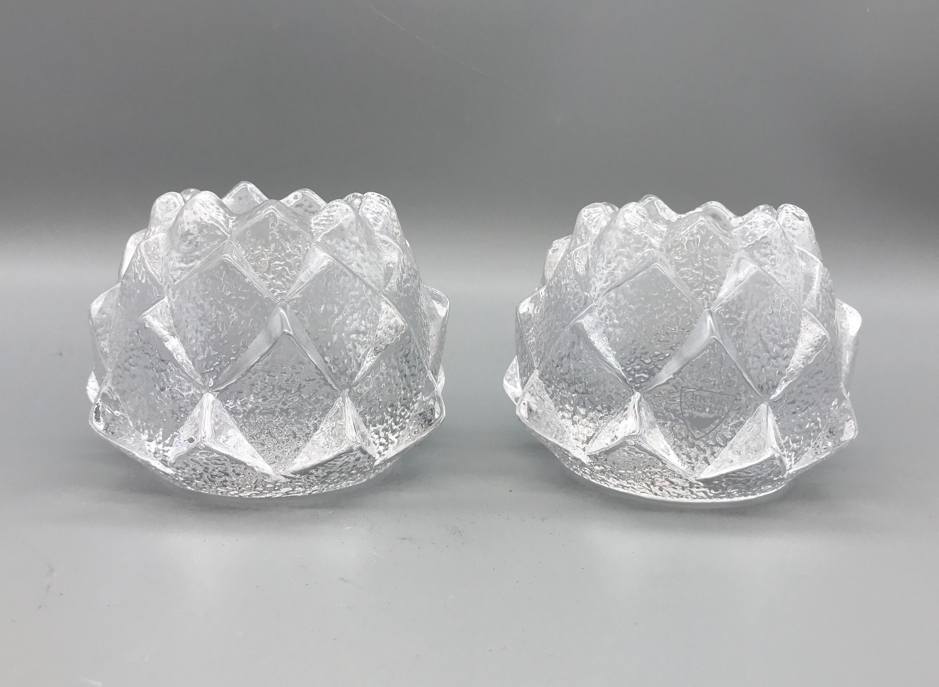 Pair of Orrefors Vintage Sweden Nimbus Artichoke Votive Crystal Candleholders