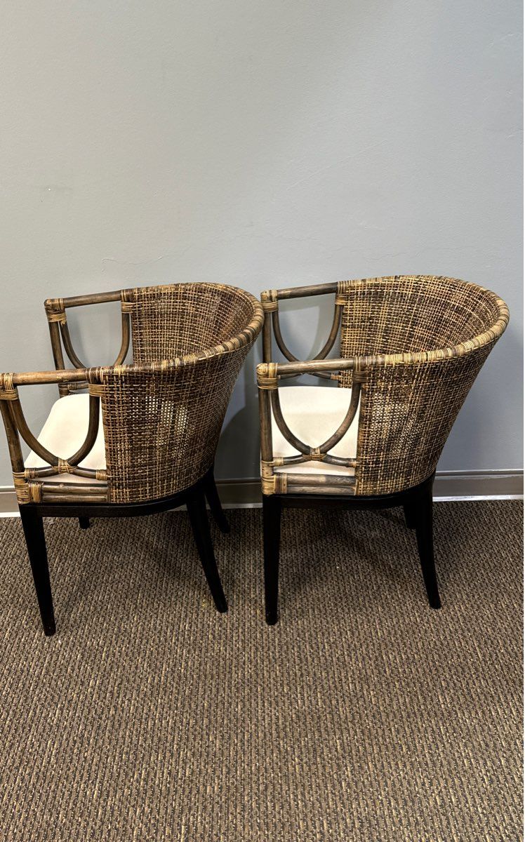 Two Modern Safavieh Brown And Black Mahogany, Rattan, and Cotton Accent Chairs