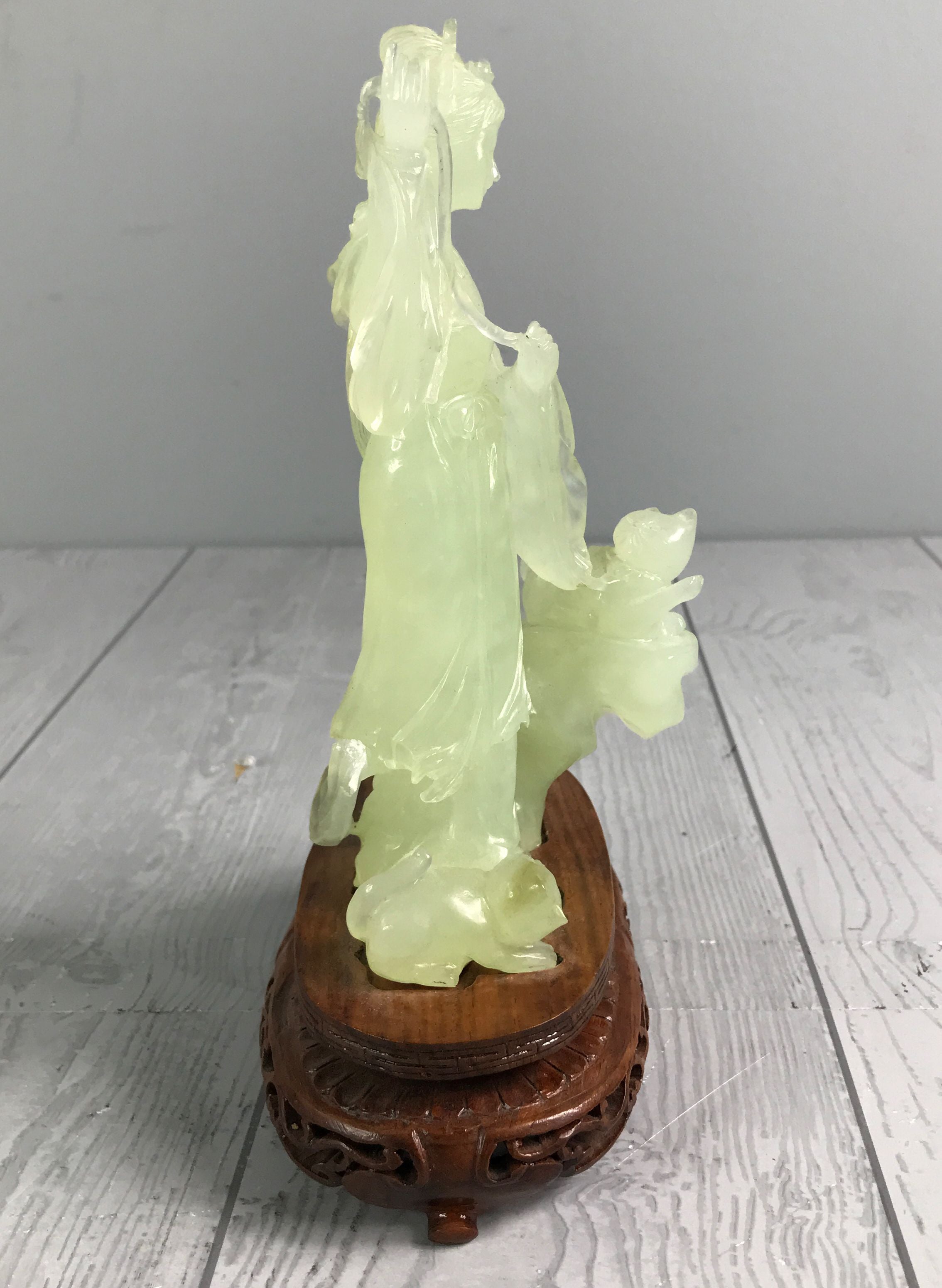 Asian Light Green Stone Graceful Geisha Sculpture on Wooden Base