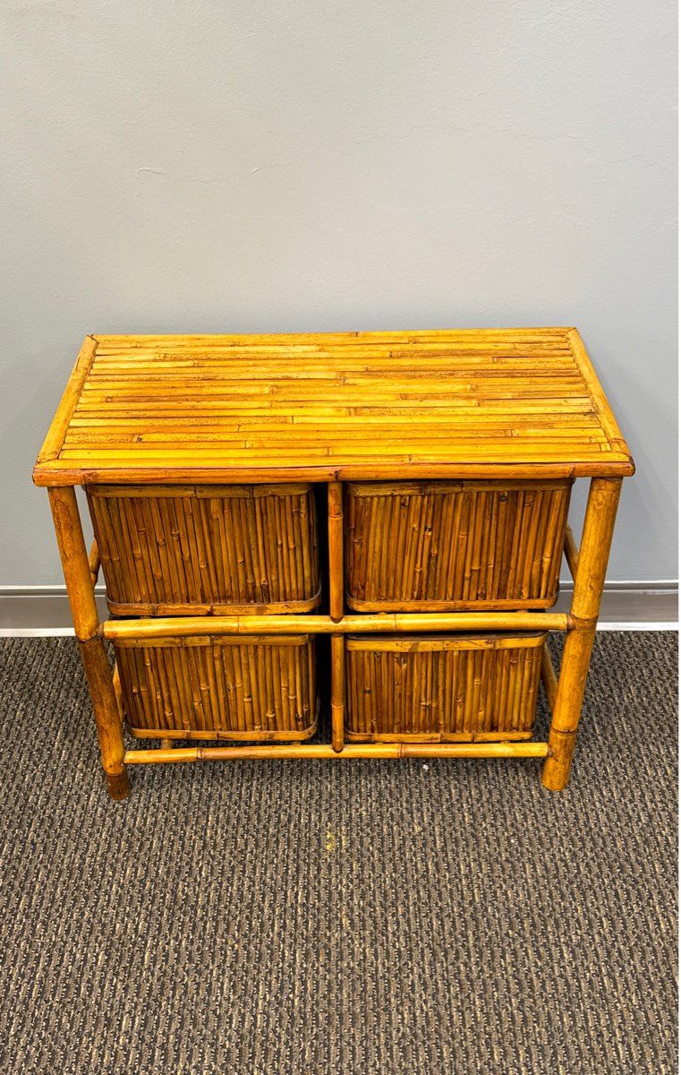 Vintage Brown Bamboo Wicker Dresser Drawers - 4 Removable Drawers