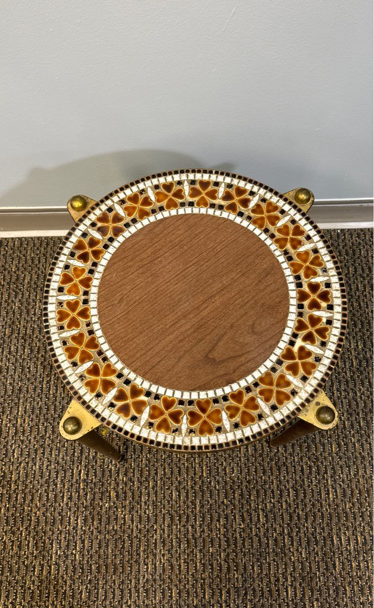 Mid Century Modern Round Tile Walnut Brass Nesting Snack Stack End Side Table