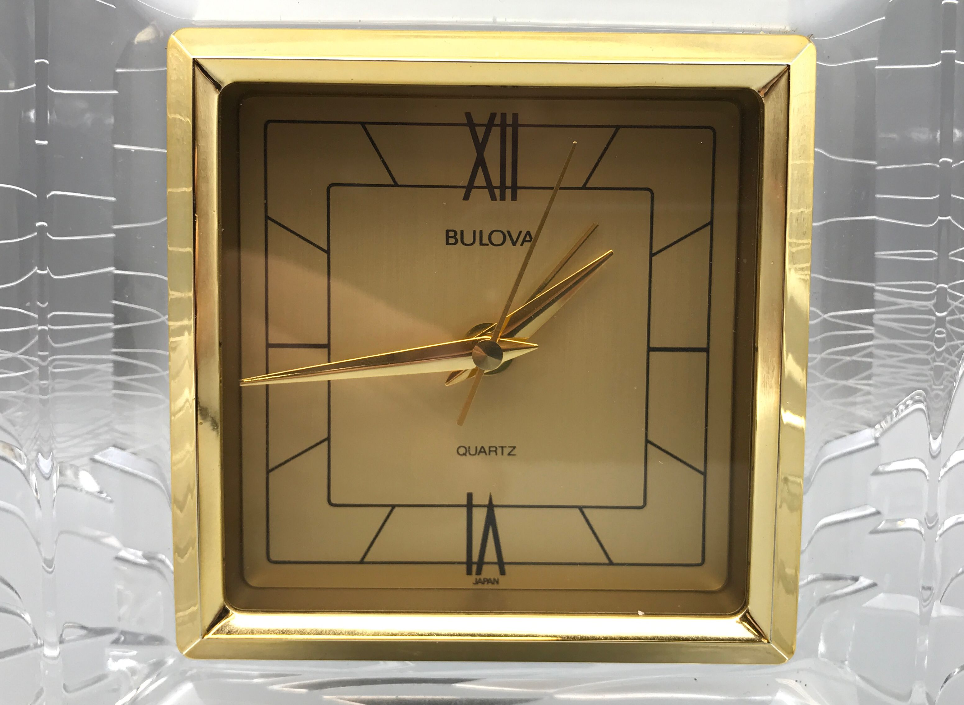 Bulova Hoya Crystal Quartz Clear Glass Alarm Mantle Desk Clock- Battery Powered