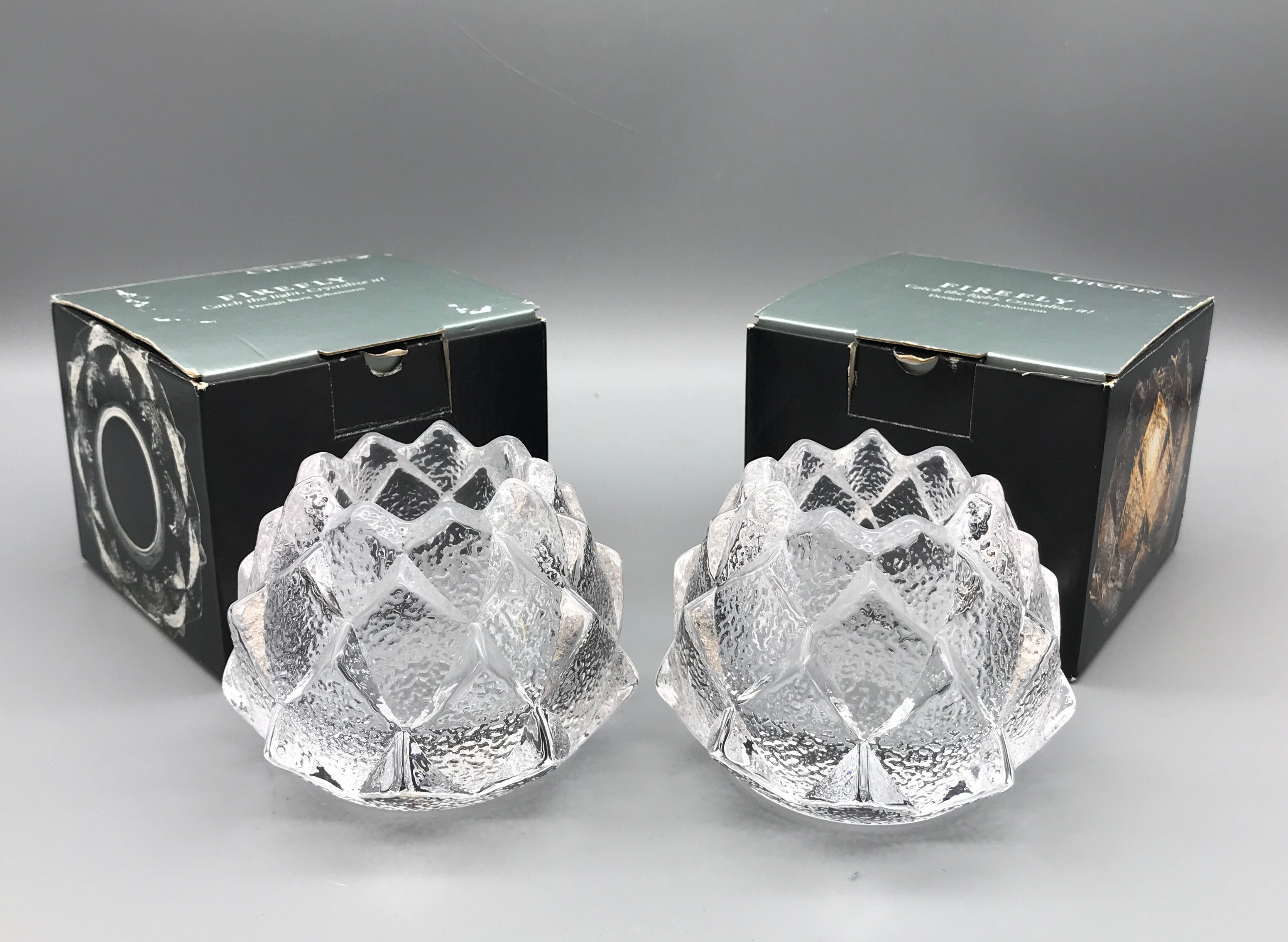 Pair of Orrefors Vintage Sweden Nimbus Artichoke Votive Crystal Candleholders