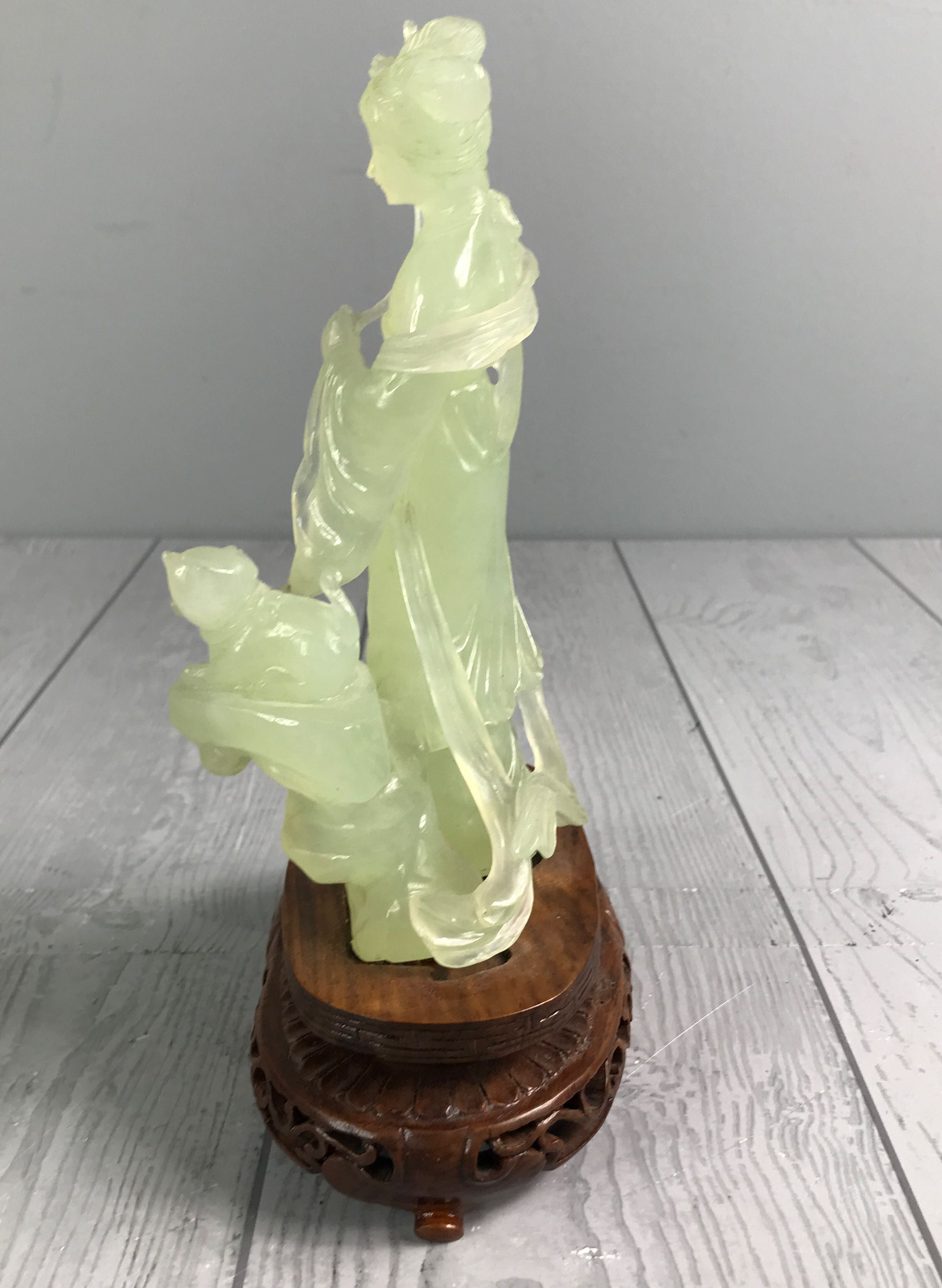 Asian Light Green Stone Graceful Geisha Sculpture on Wooden Base