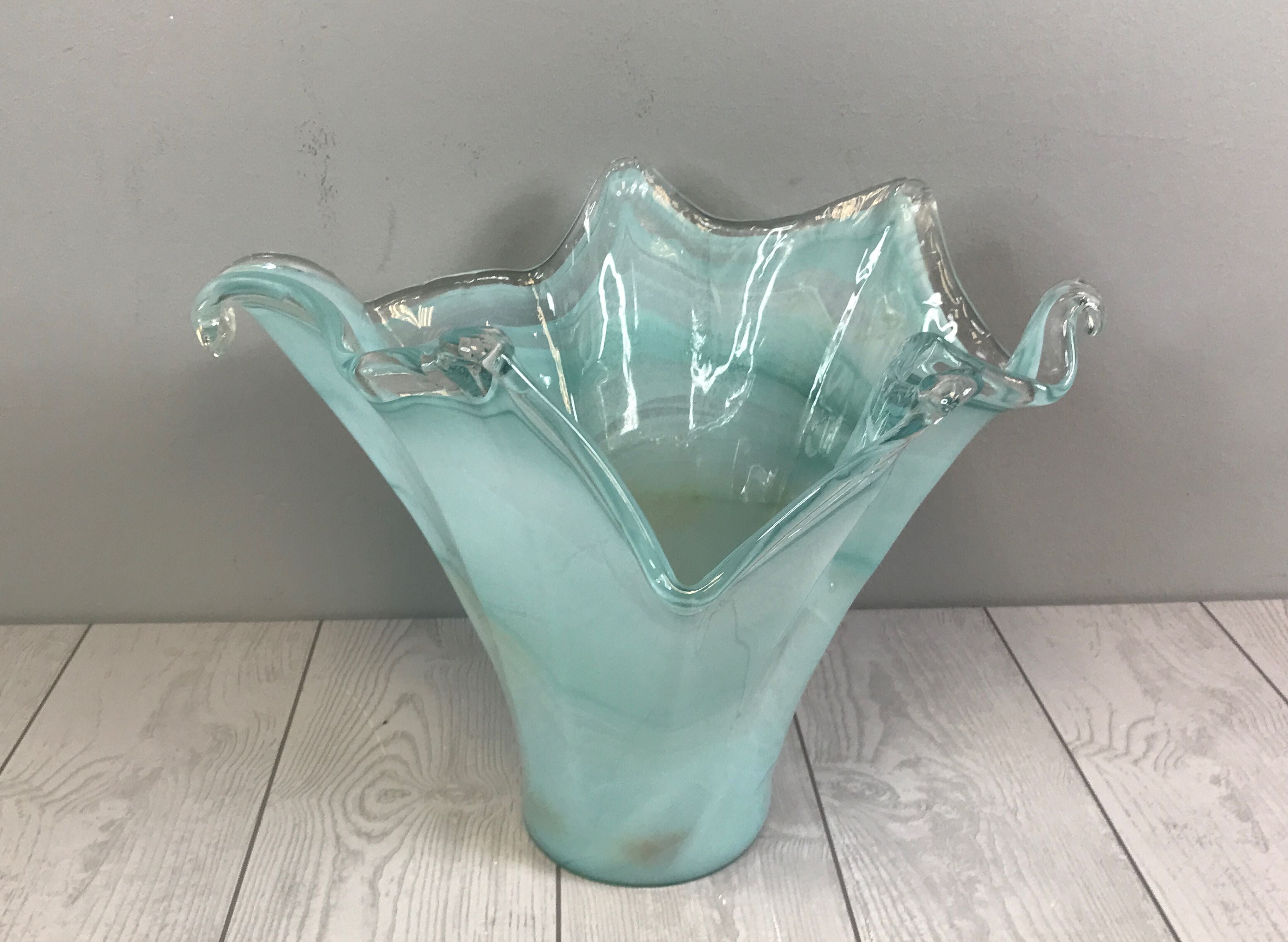 Aquatic Themed, Irregular Turquoise Glass Flower Vase- Free Standing 11"