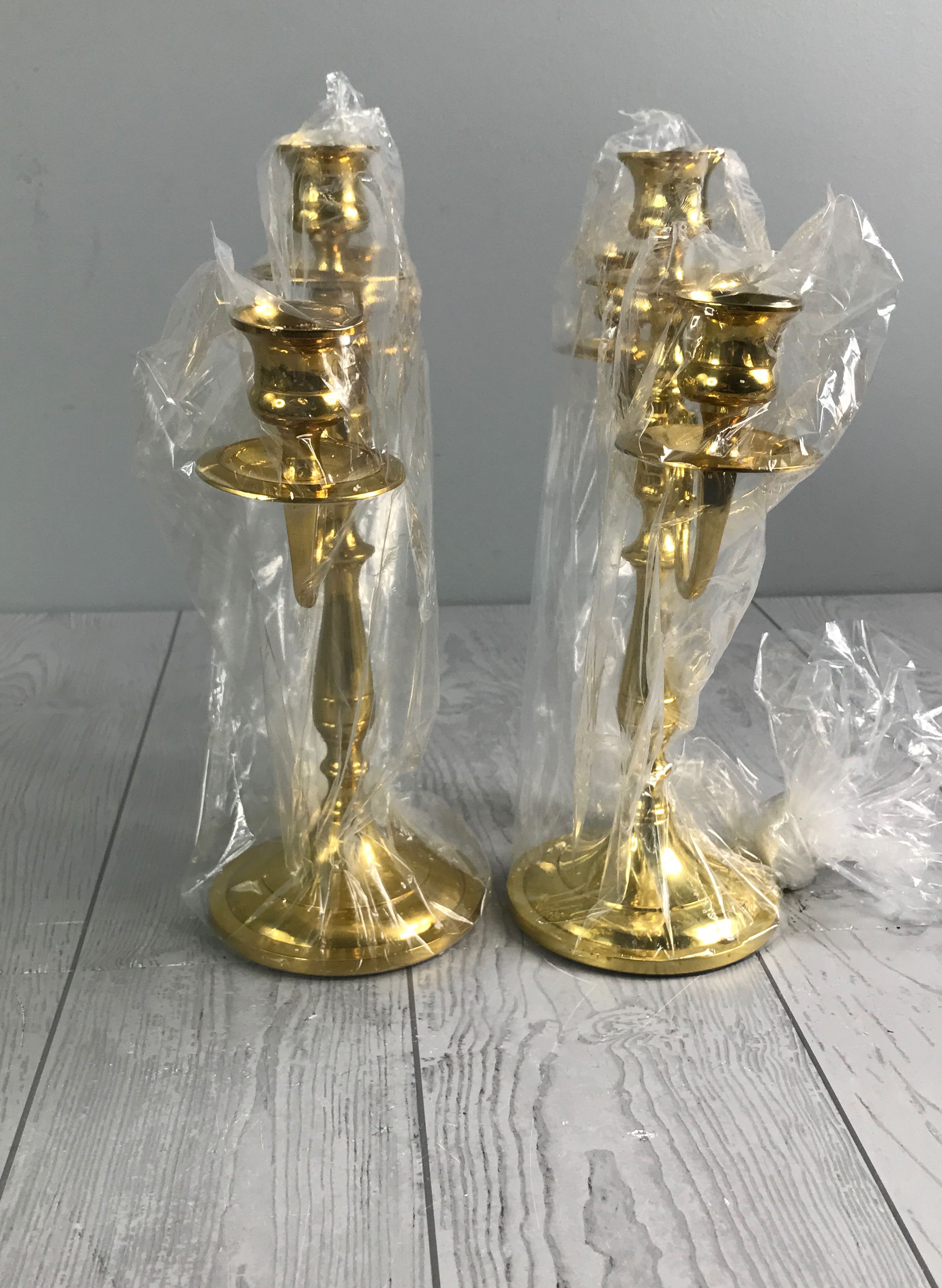 2 Three-Arm Carolina Brass Candlesticks Candle Holders 11.25" - Shiny Gold Toned