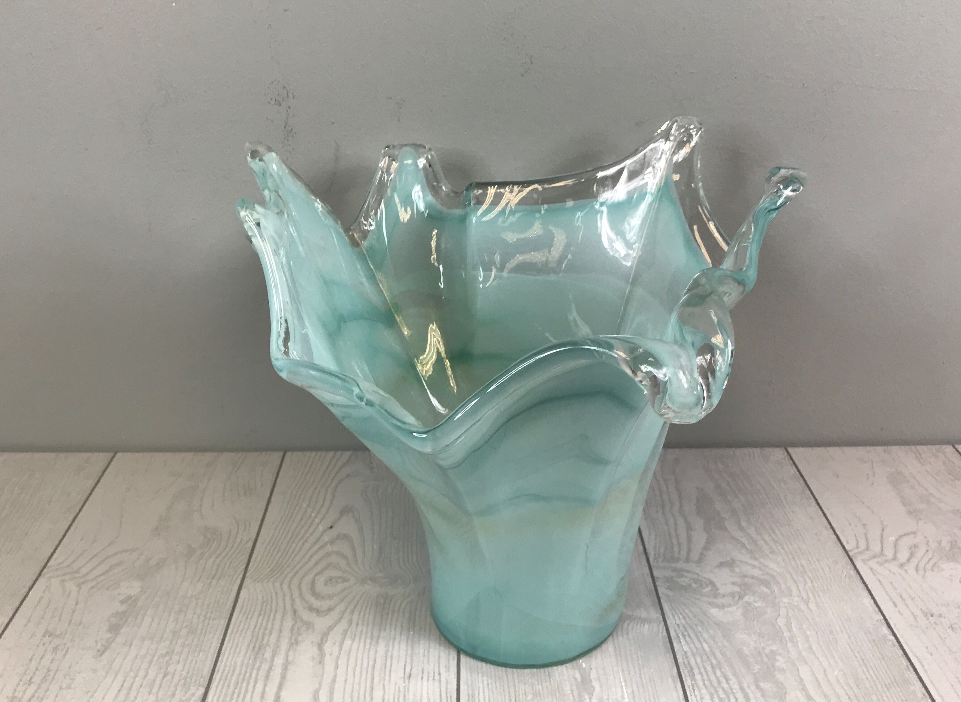 Aquatic Themed, Irregular Turquoise Glass Flower Vase- Free Standing 11"