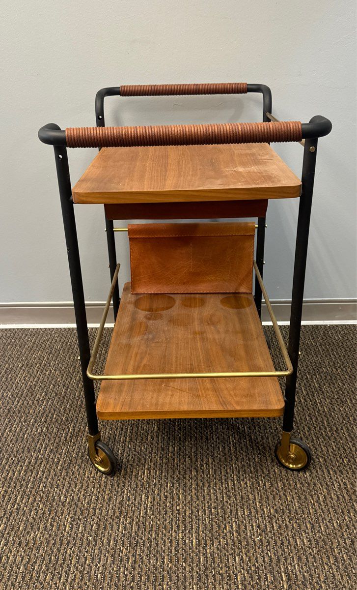 Stellar Works Leather & Walnut Valet Bar Cart Designed by David Rockwell