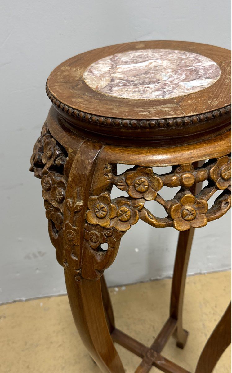 Antique Chinese Pedestal Stand/Table - Floral Details Carved - Stone Top