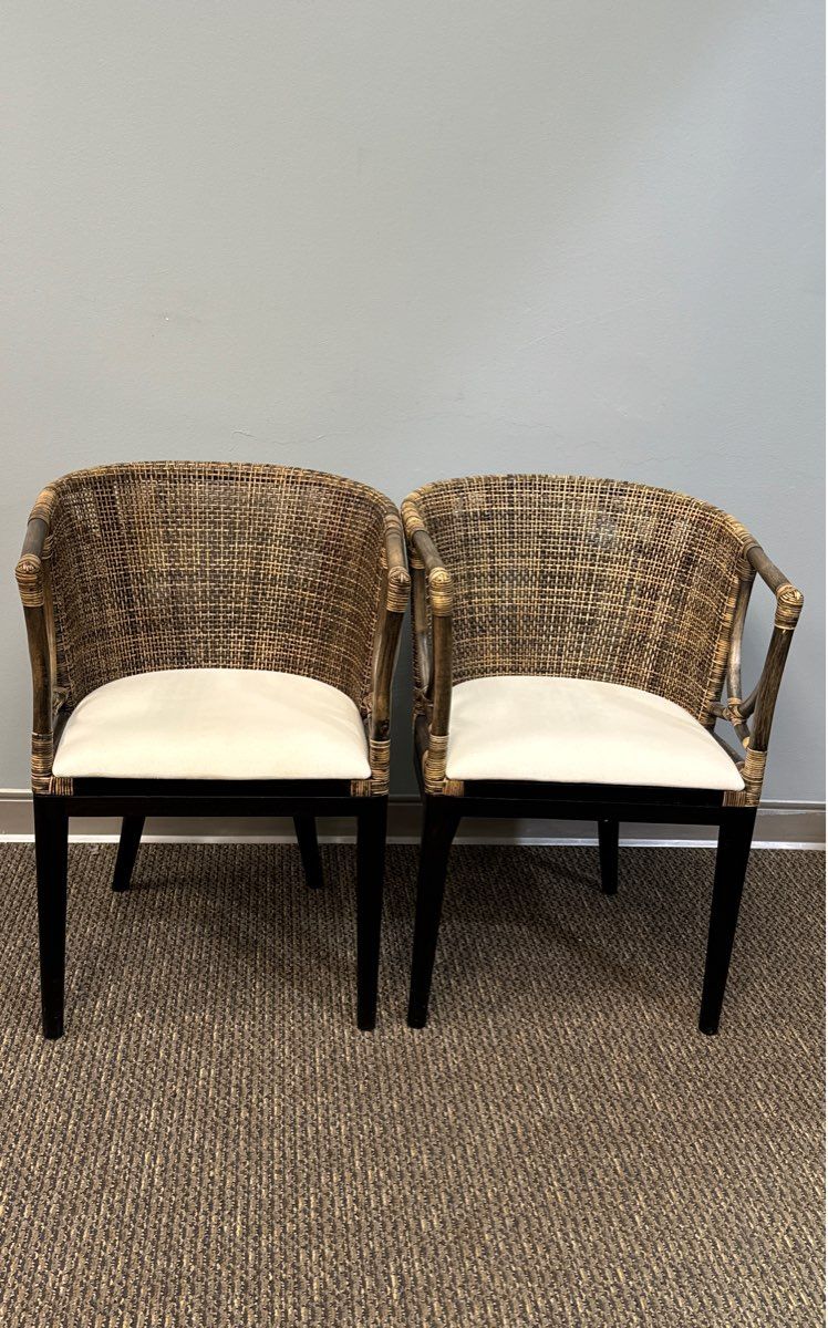 Two Modern Safavieh Brown And Black Mahogany, Rattan, and Cotton Accent Chairs