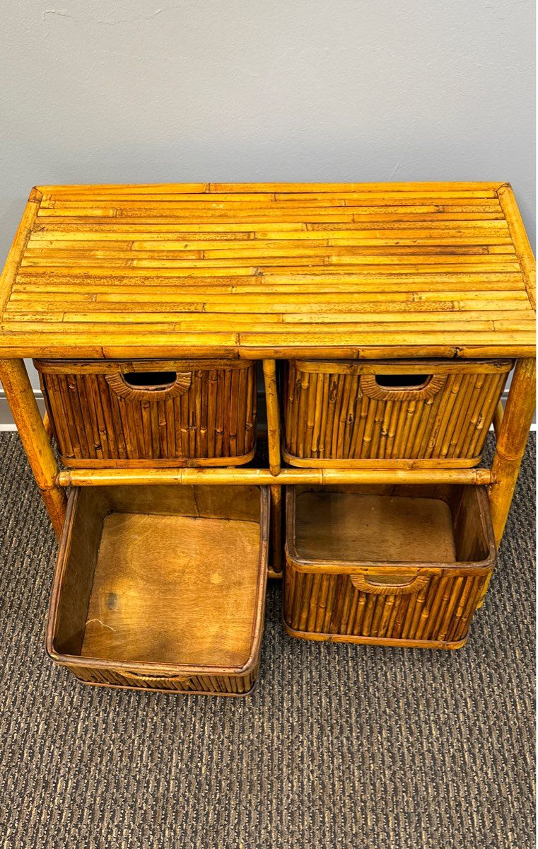 Vintage Brown Bamboo Wicker Dresser Drawers - 4 Removable Drawers