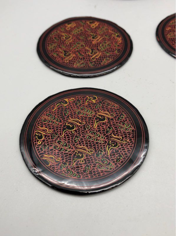Set of 6 Asian style Coasters Measure 3” Diameter - Original Container Included