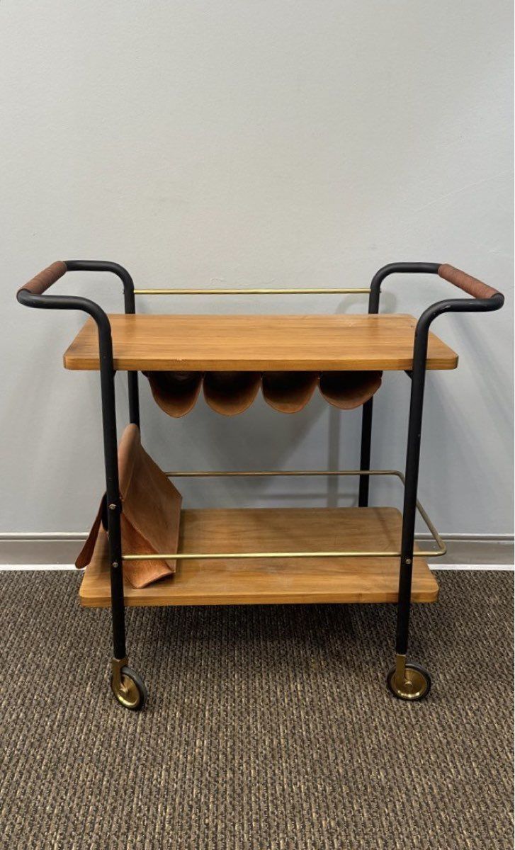 Stellar Works Leather & Walnut Valet Bar Cart Designed by David Rockwell