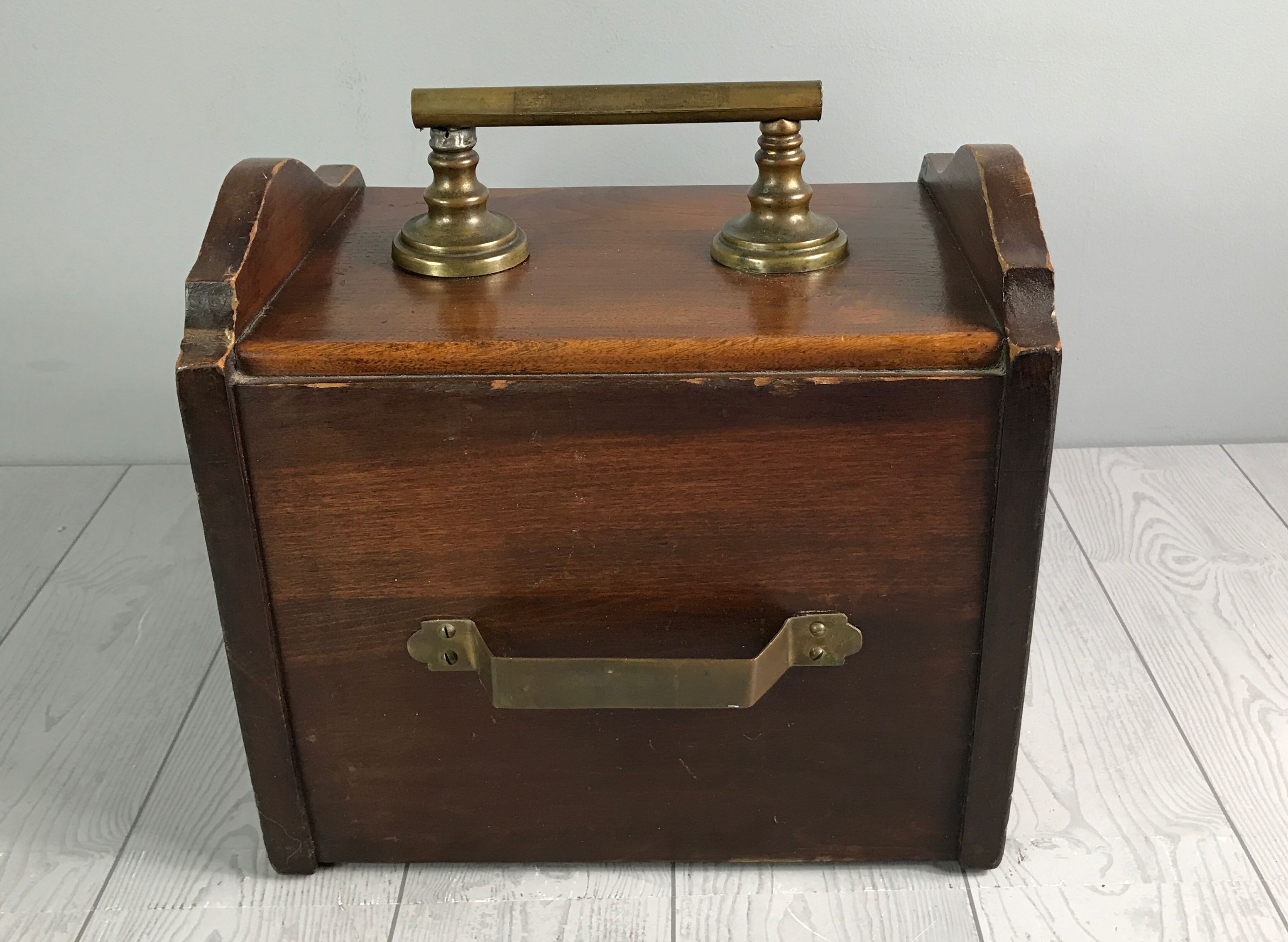 Oak Coal Box w/ Decorative Inlay Lift Up Lid in Front and Brass Carrying Handle