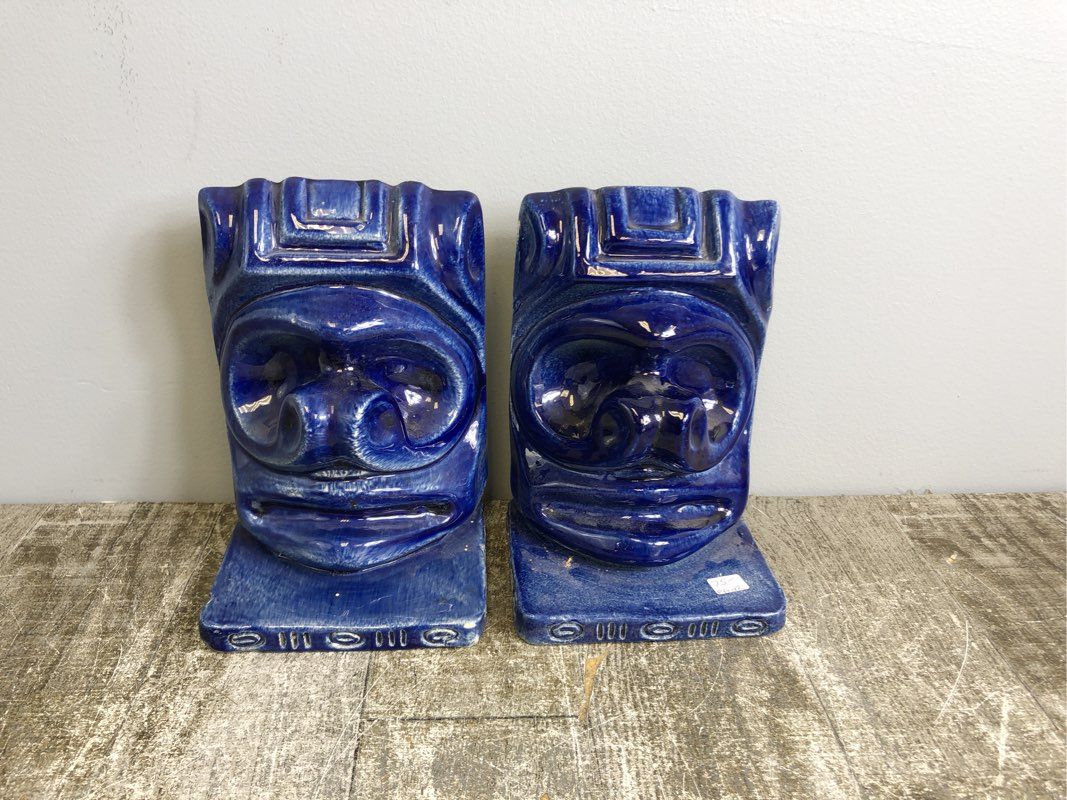 Coindarte Blue Ceramic Tiki Themed Bookends - Made in the Dominican Republic