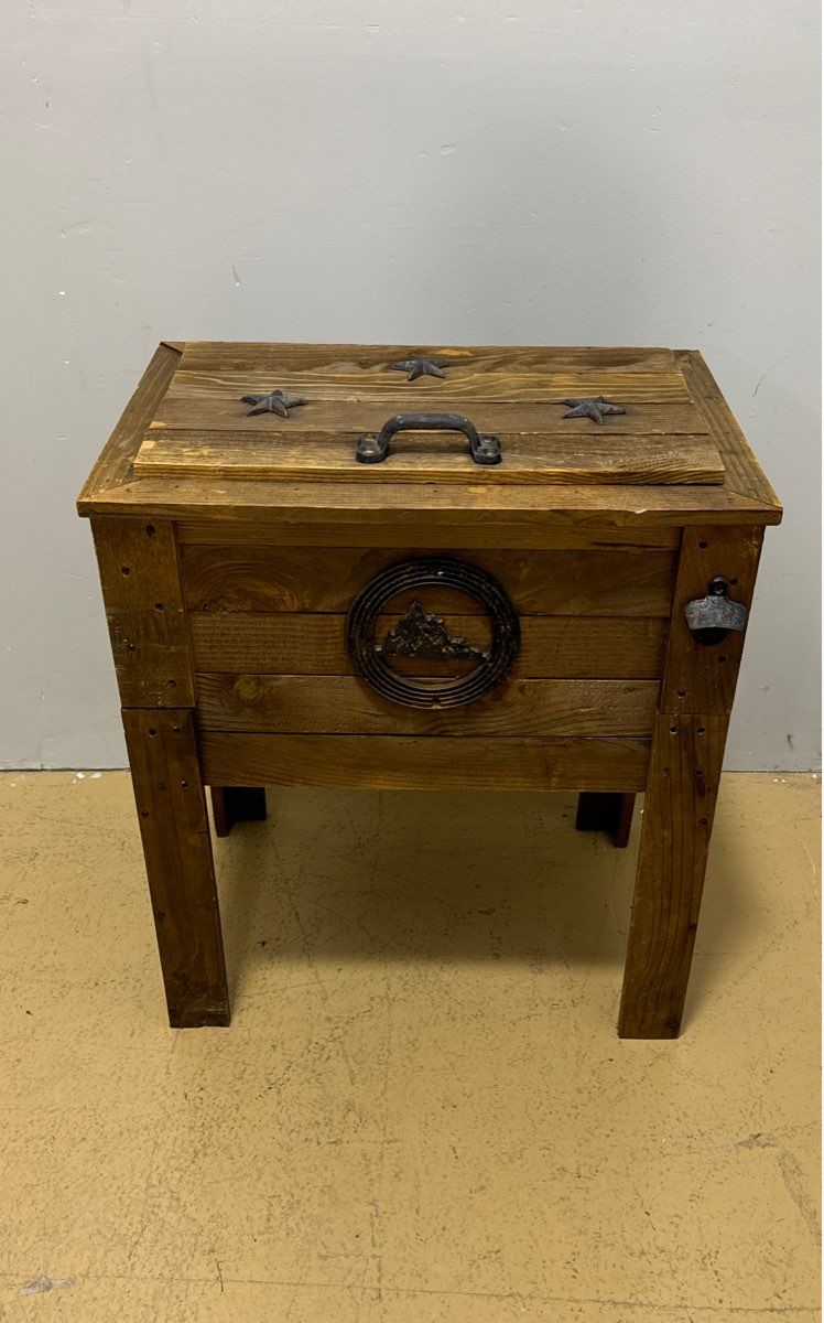 Retro Wooden Farm Table Cooler with Detachable Lid - Mountain and Start Designs