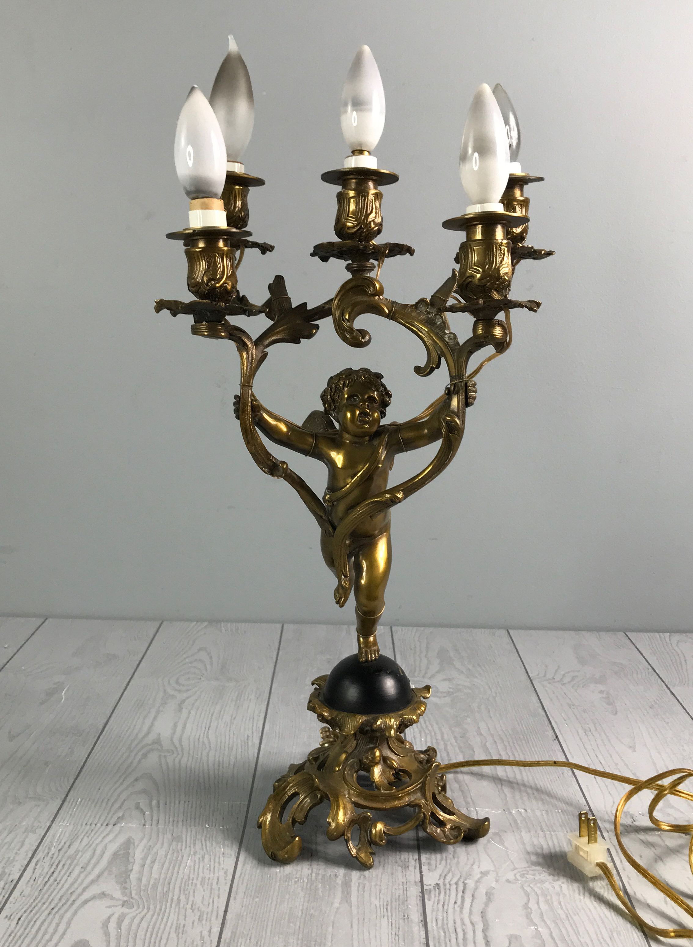 Regency Style, Cherub Angel Gold Metal Electric Five Arm Candelabra Lamp