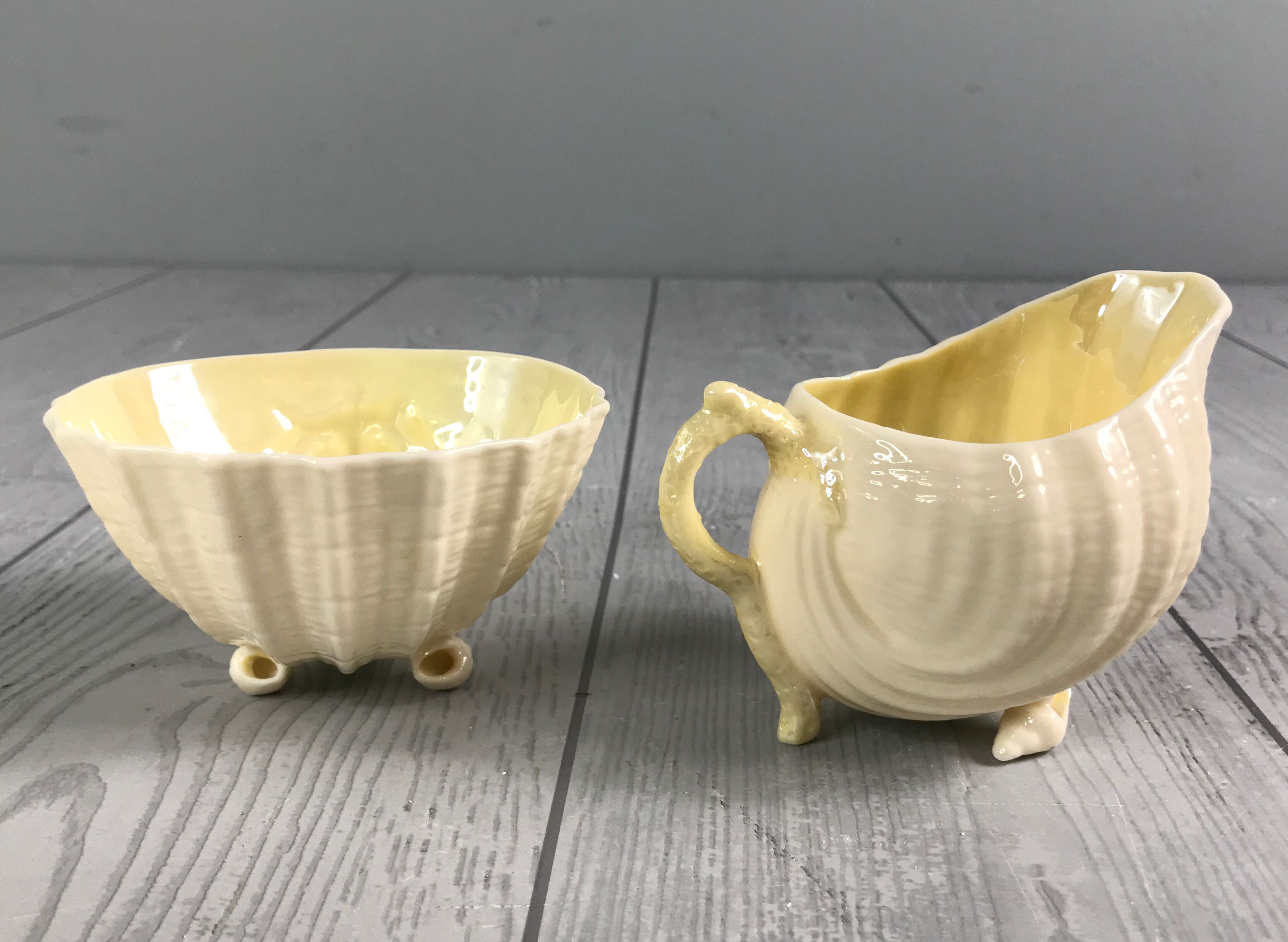 Belleek Yellow Iridescent Porcelain Neptune Design Sugar And Creamer Set