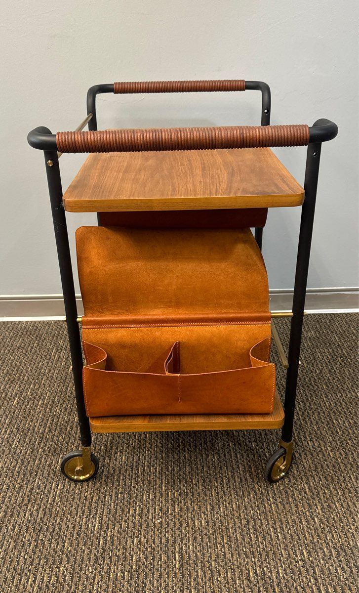 Stellar Works Leather & Walnut Valet Bar Cart Designed by David Rockwell