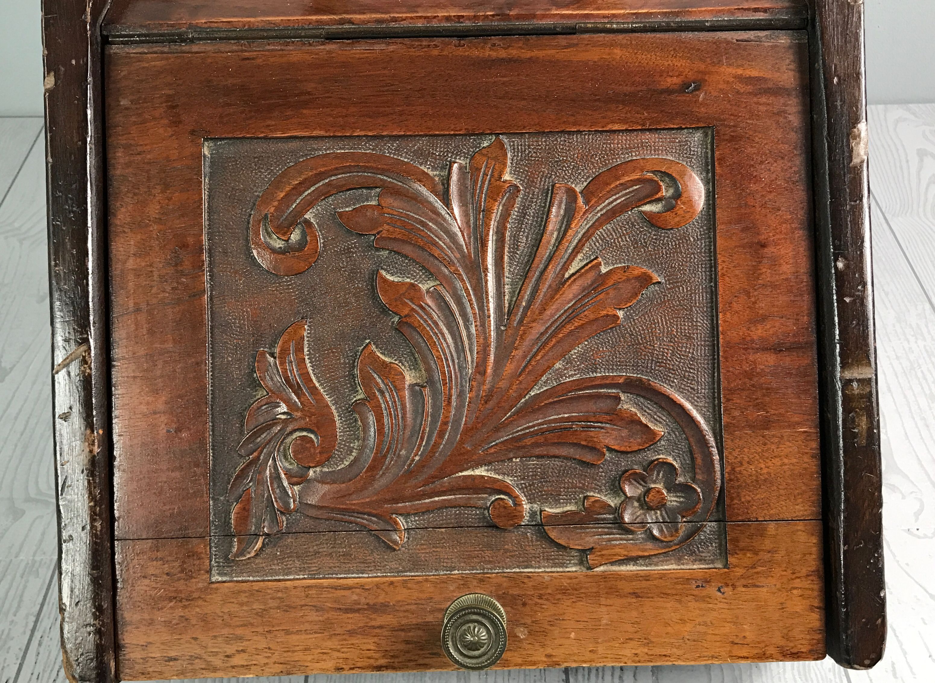 Oak Coal Box w/ Decorative Inlay Lift Up Lid in Front and Brass Carrying Handle