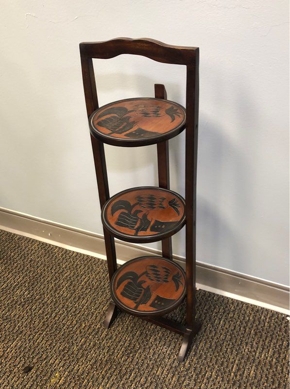 Antique Mahogany Folding 3 Tier Pie Stand Cooling Rack Rare Carved Flower Design