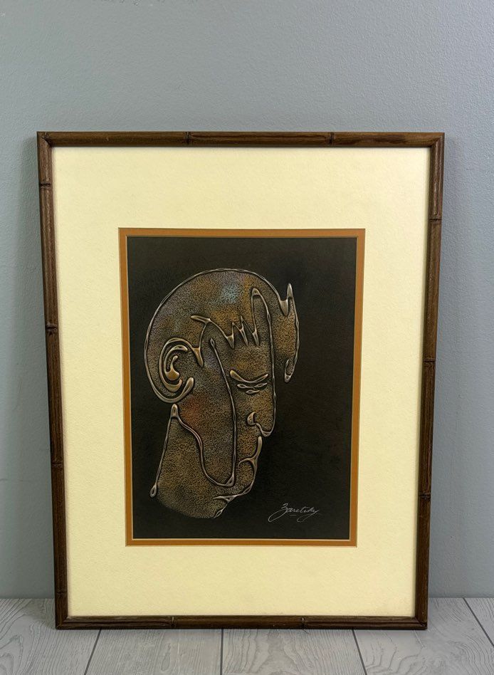 Framed Original Artwork of a Mans Face Signed by Joel Zaretsky - Brown Frame