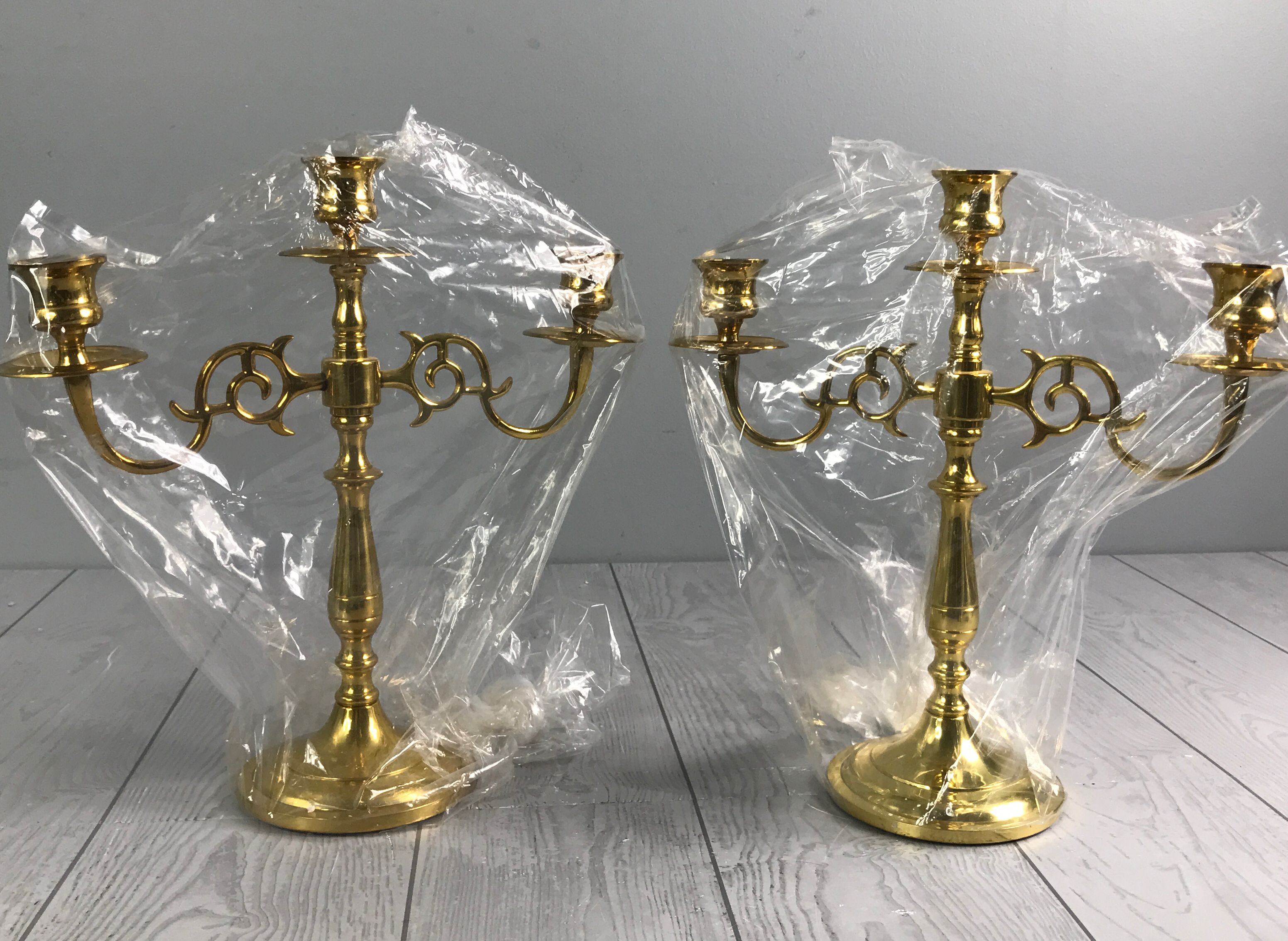 2 Three-Arm Carolina Brass Candlesticks Candle Holders 11.25" - Shiny Gold Toned