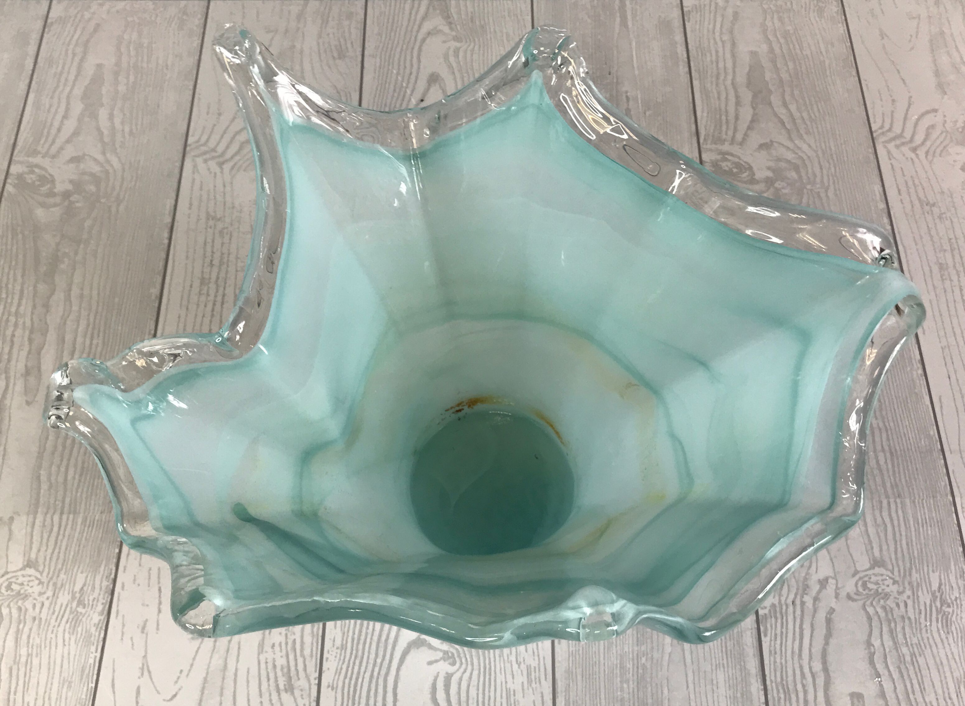 Aquatic Themed, Irregular Turquoise Glass Flower Vase- Free Standing 11"