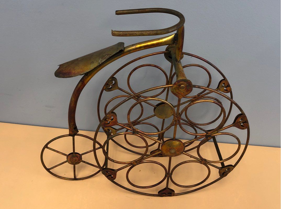 6 Bottle Wine Rack Holder Wrought Metal Bicycle Design Brass Color 18" - Decor