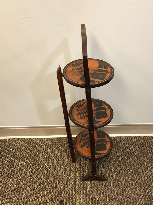 Antique Mahogany Folding 3 Tier Pie Stand Cooling Rack Rare Carved Flower Design