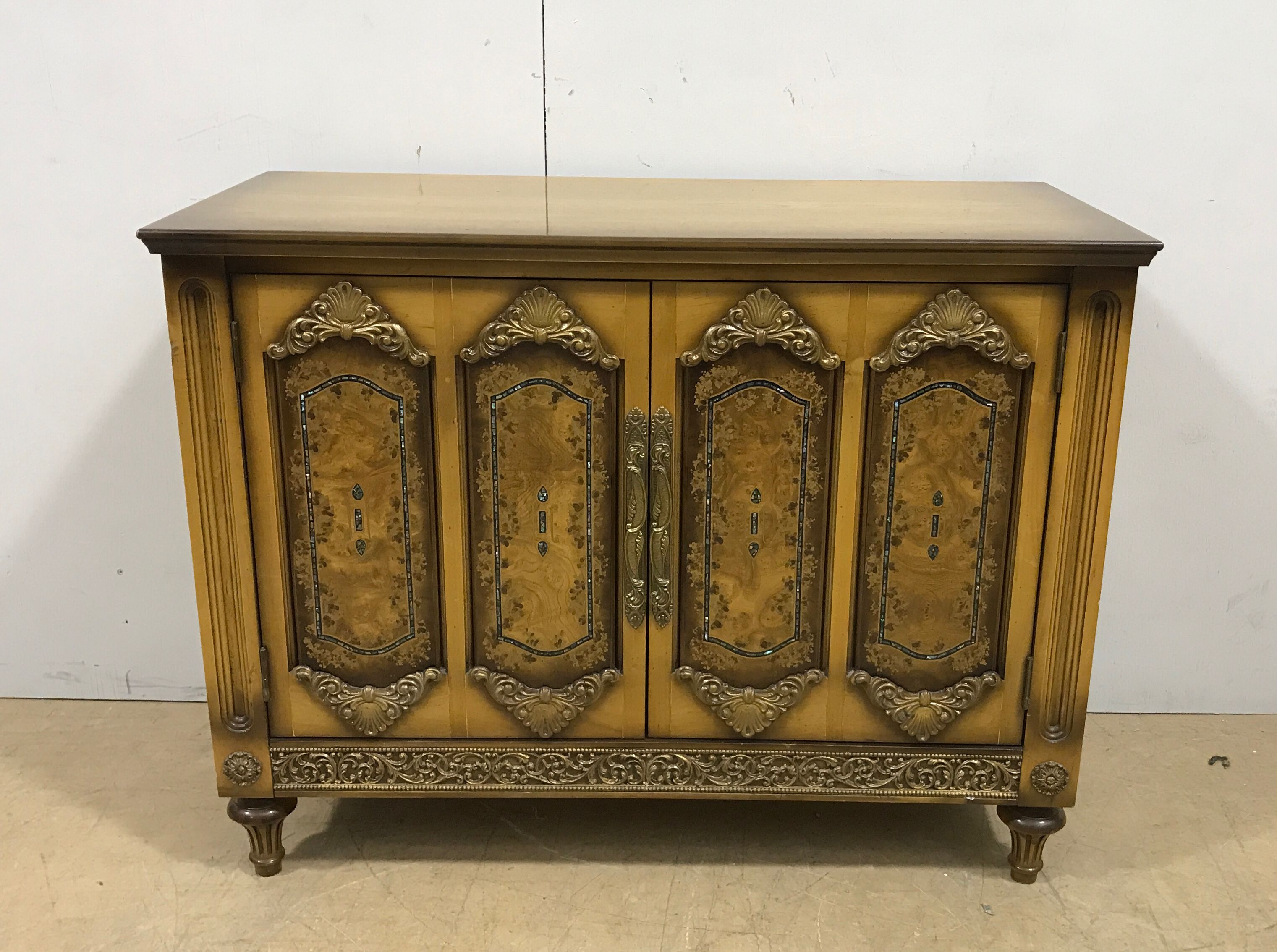 Vintage Ornate Carved & Painted Wooden Storage Cabinet with Gold Accents