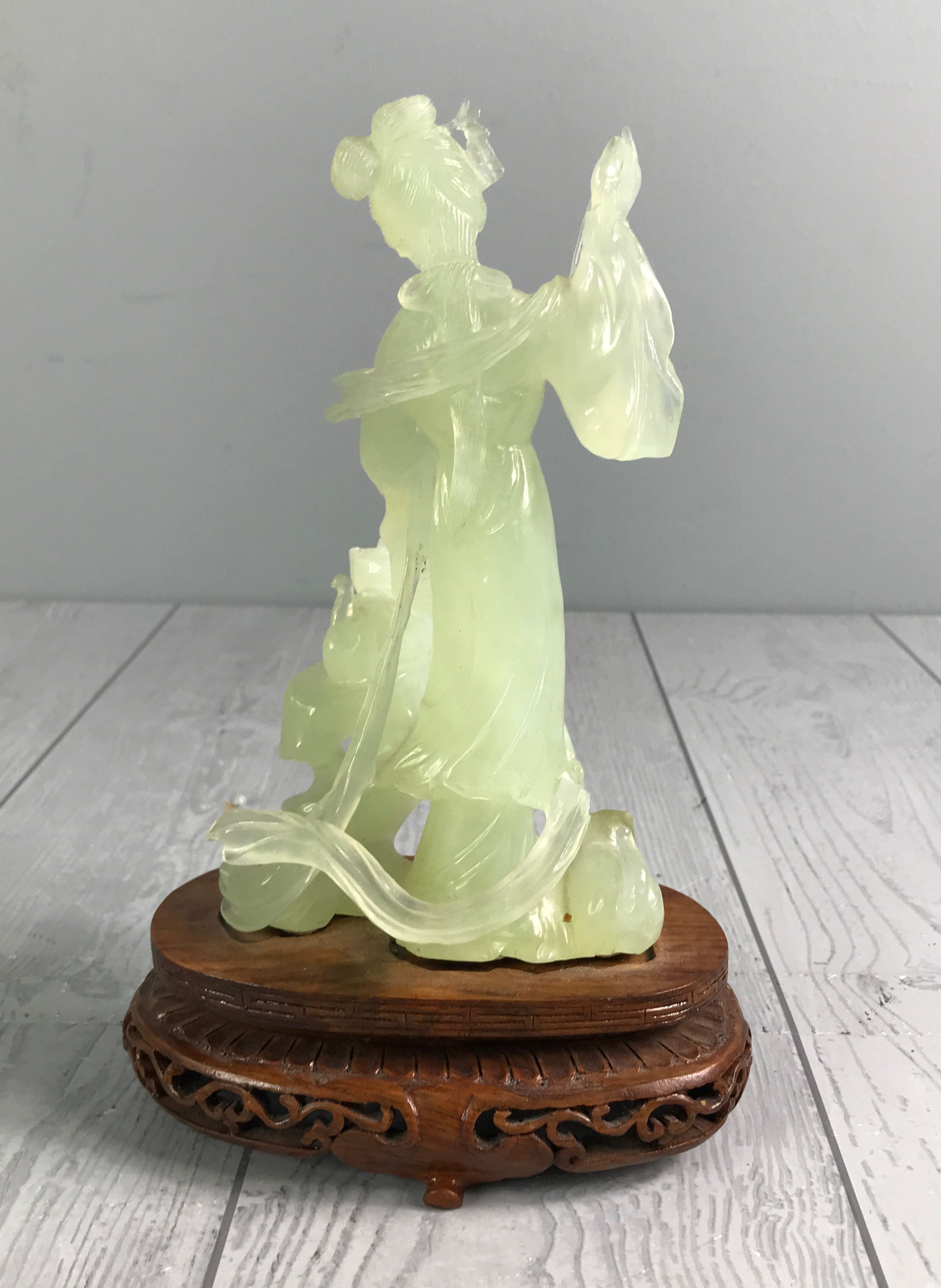 Asian Light Green Stone Graceful Geisha Sculpture on Wooden Base