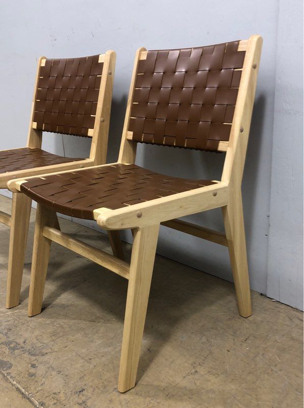 Set of Four Modway Saorise Wood Dining Chairs - Woven Leather - Natural Brown