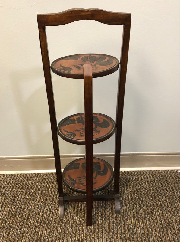 Antique Mahogany Folding 3 Tier Pie Stand Cooling Rack Rare Carved Flower Design