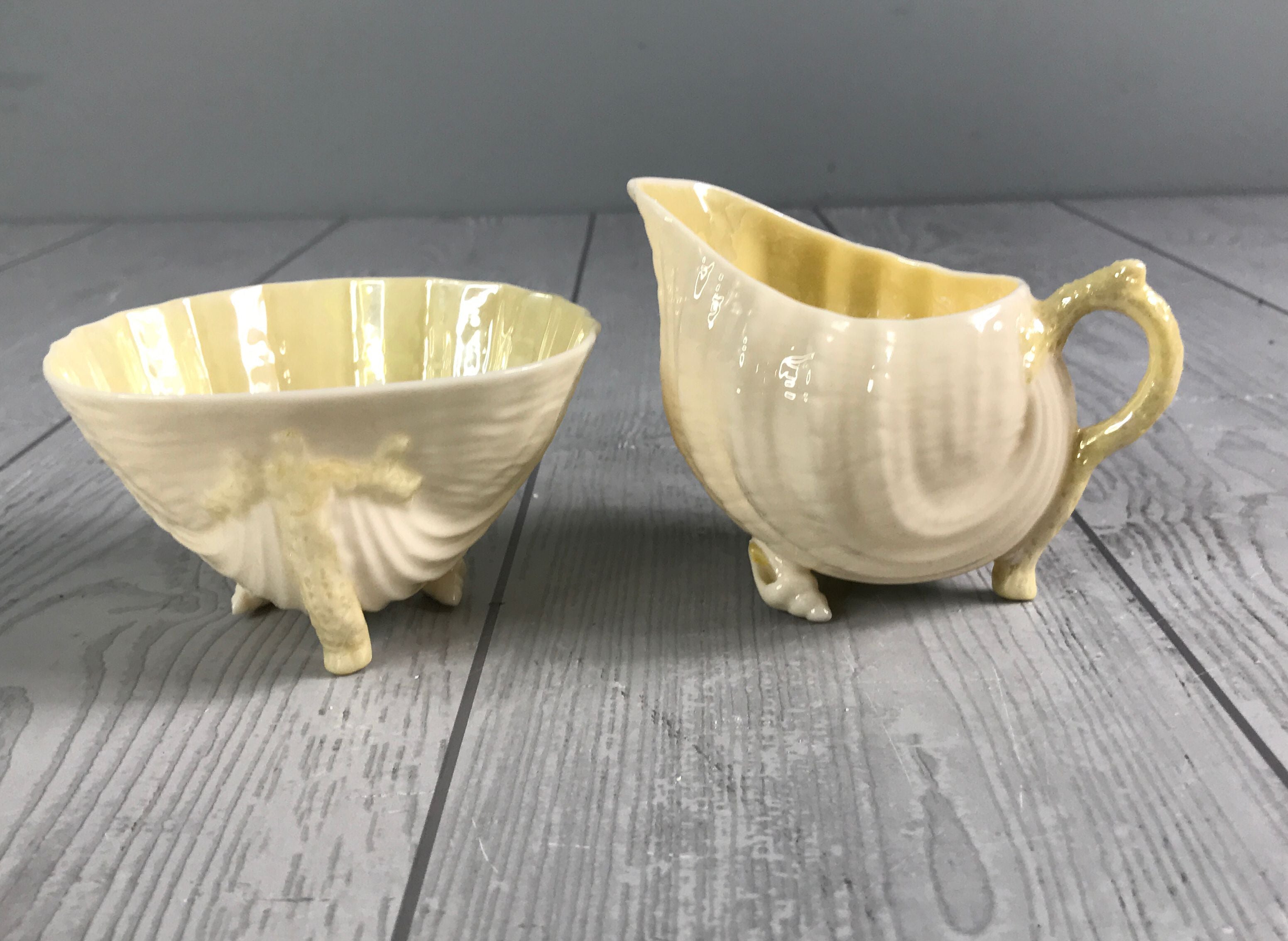 Belleek Yellow Iridescent Porcelain Neptune Design Sugar And Creamer Set