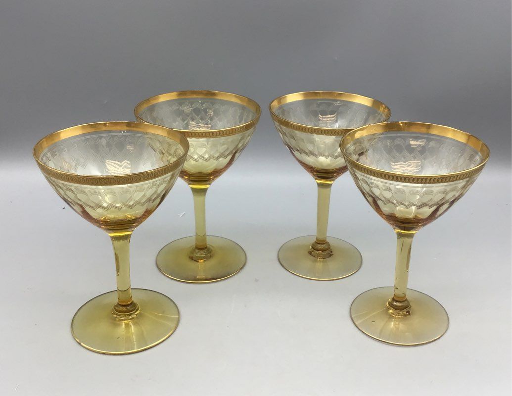 4 Classy Vintage Unbranded Amber Wine Glasses with Etched Designs and Gold Trim