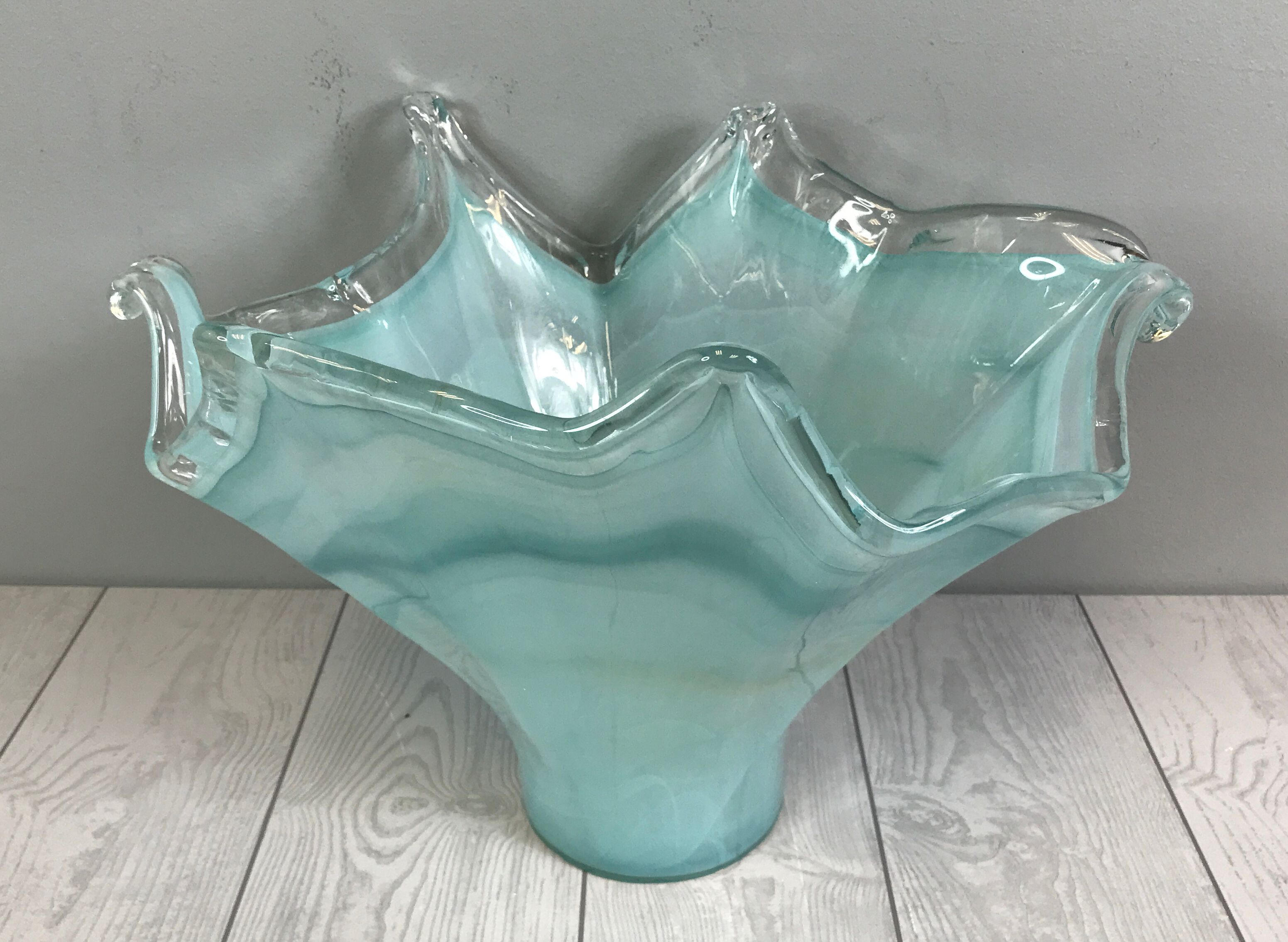 Aquatic Themed, Irregular Turquoise Glass Flower Vase- Free Standing 11"