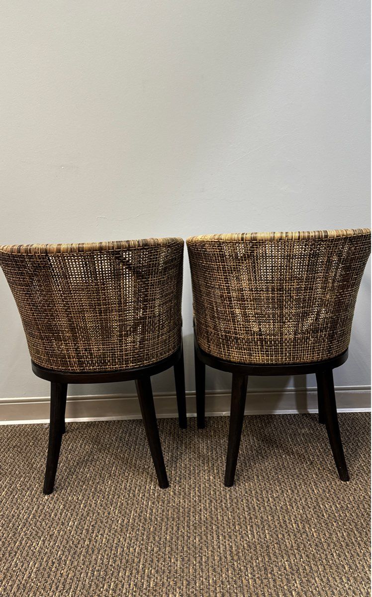 Two Modern Safavieh Brown And Black Mahogany, Rattan, and Cotton Accent Chairs