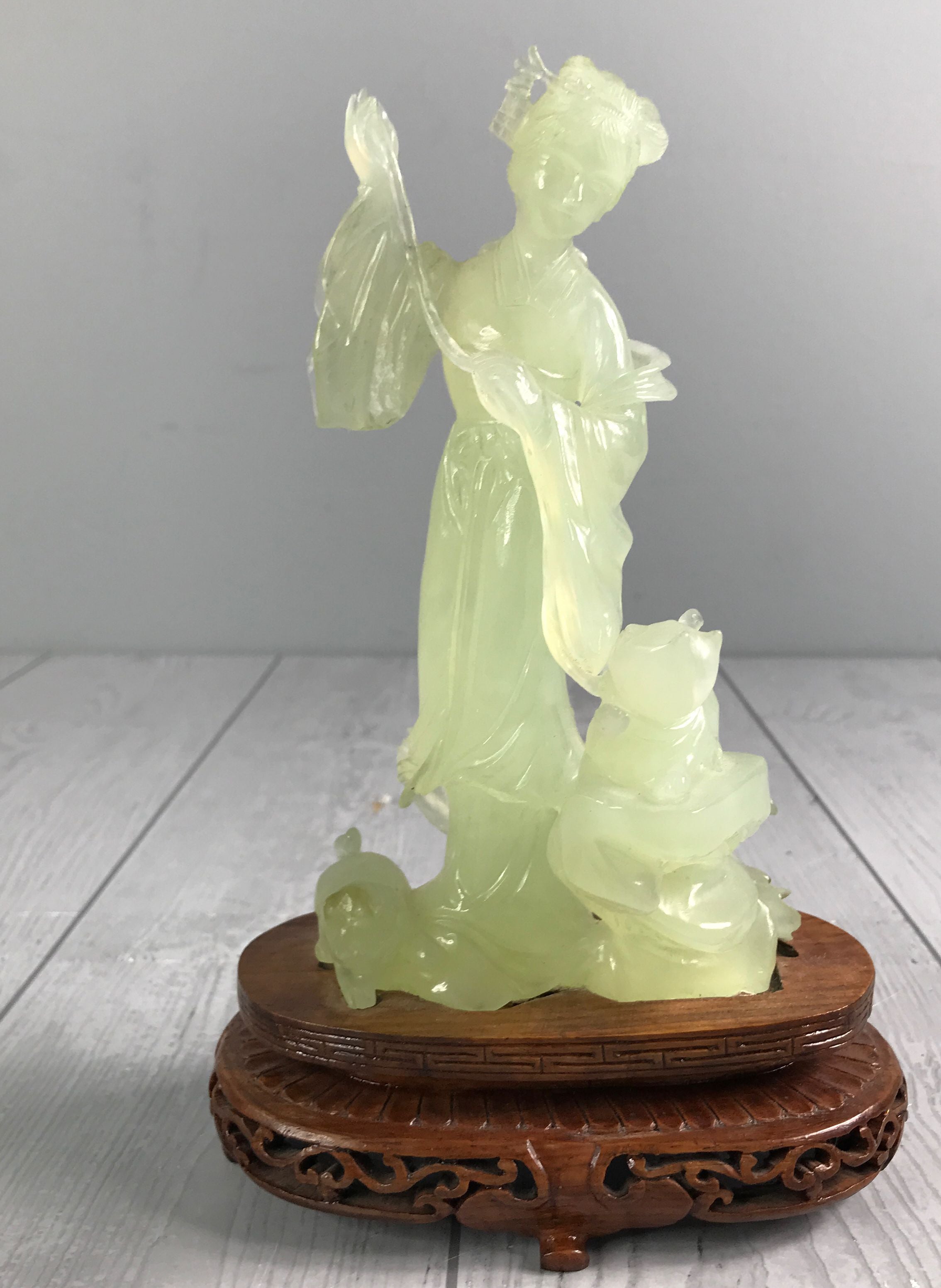 Asian Light Green Stone Graceful Geisha Sculpture on Wooden Base