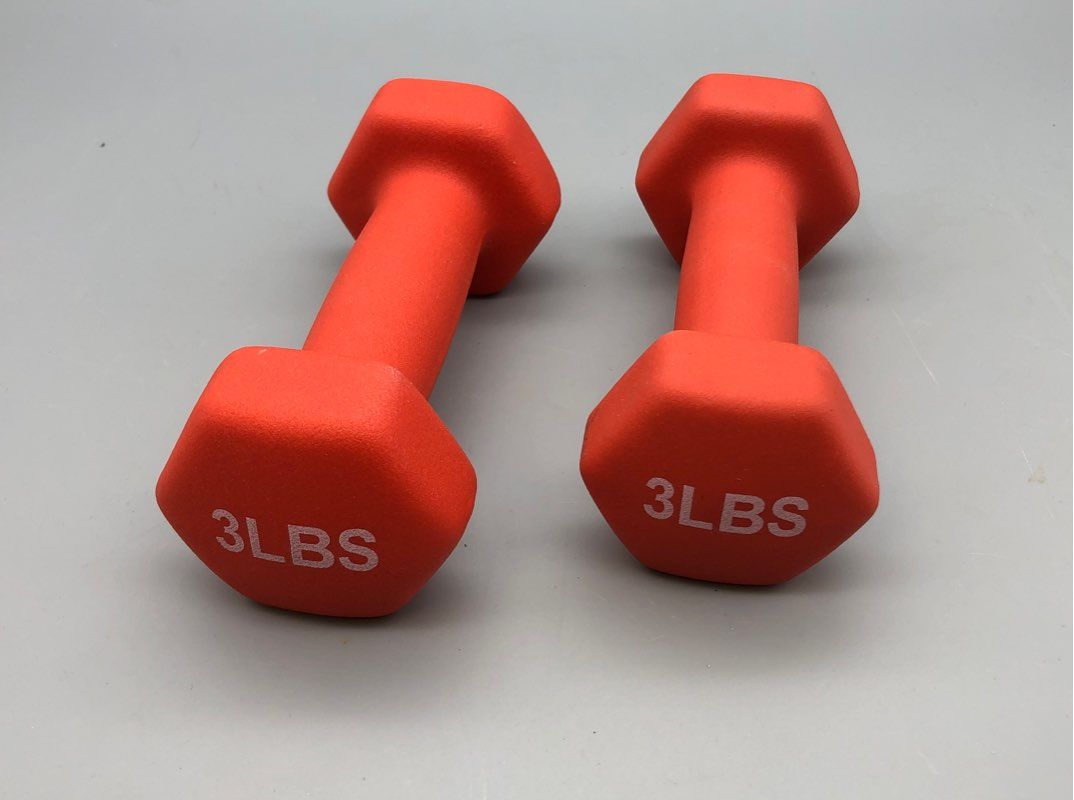 Two 3LB Red Neoprene Coated Hex Dumbbells Hand Weights - For Working out