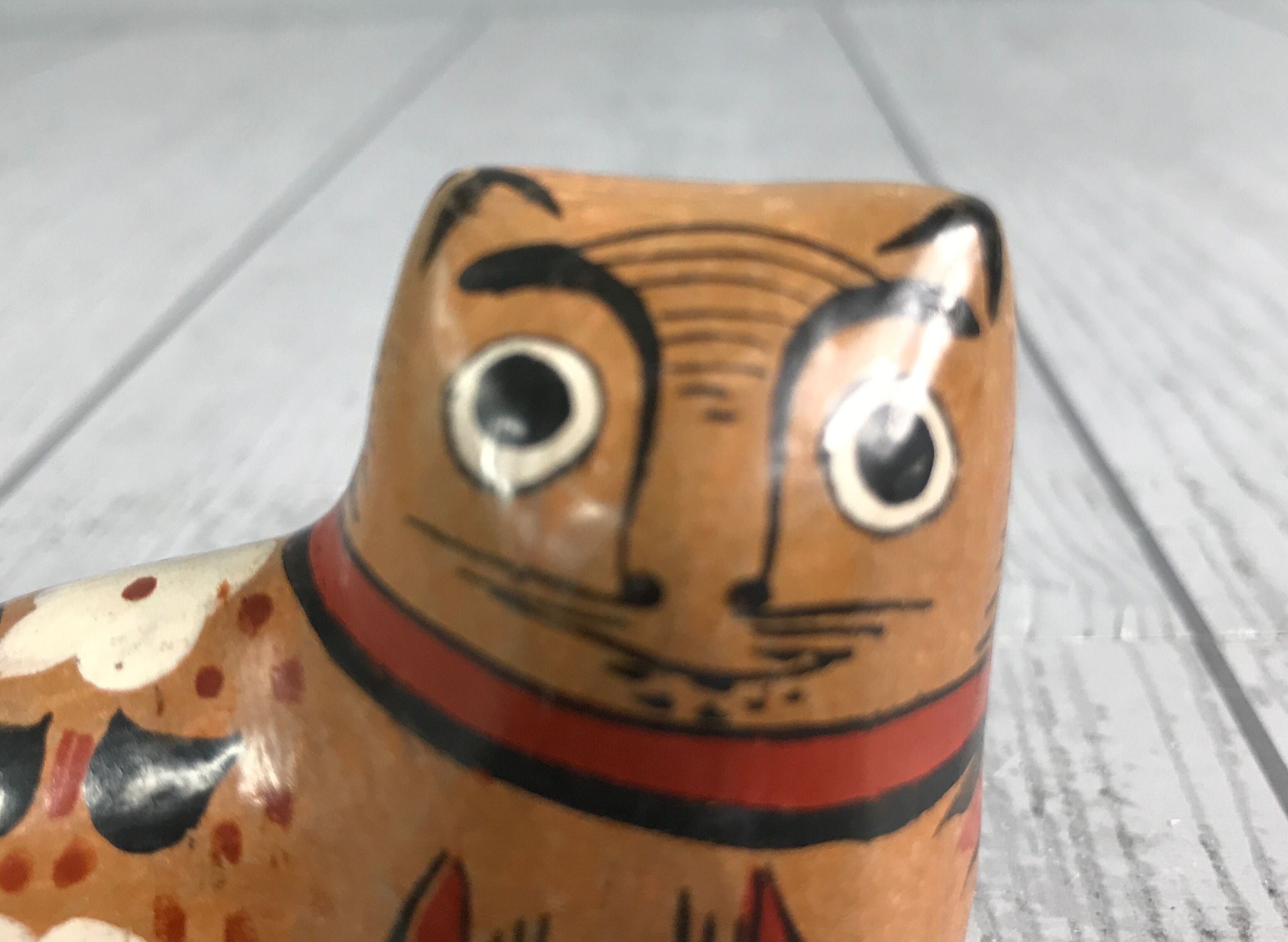 Cat Figure Mexican Art Pottery - Tonala - Folk Art - Hand Painted - Made Mexico