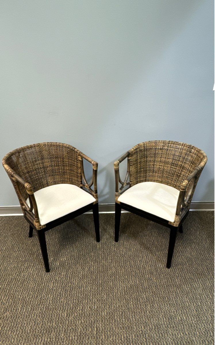 Two Modern Safavieh Brown And Black Mahogany, Rattan, and Cotton Accent Chairs